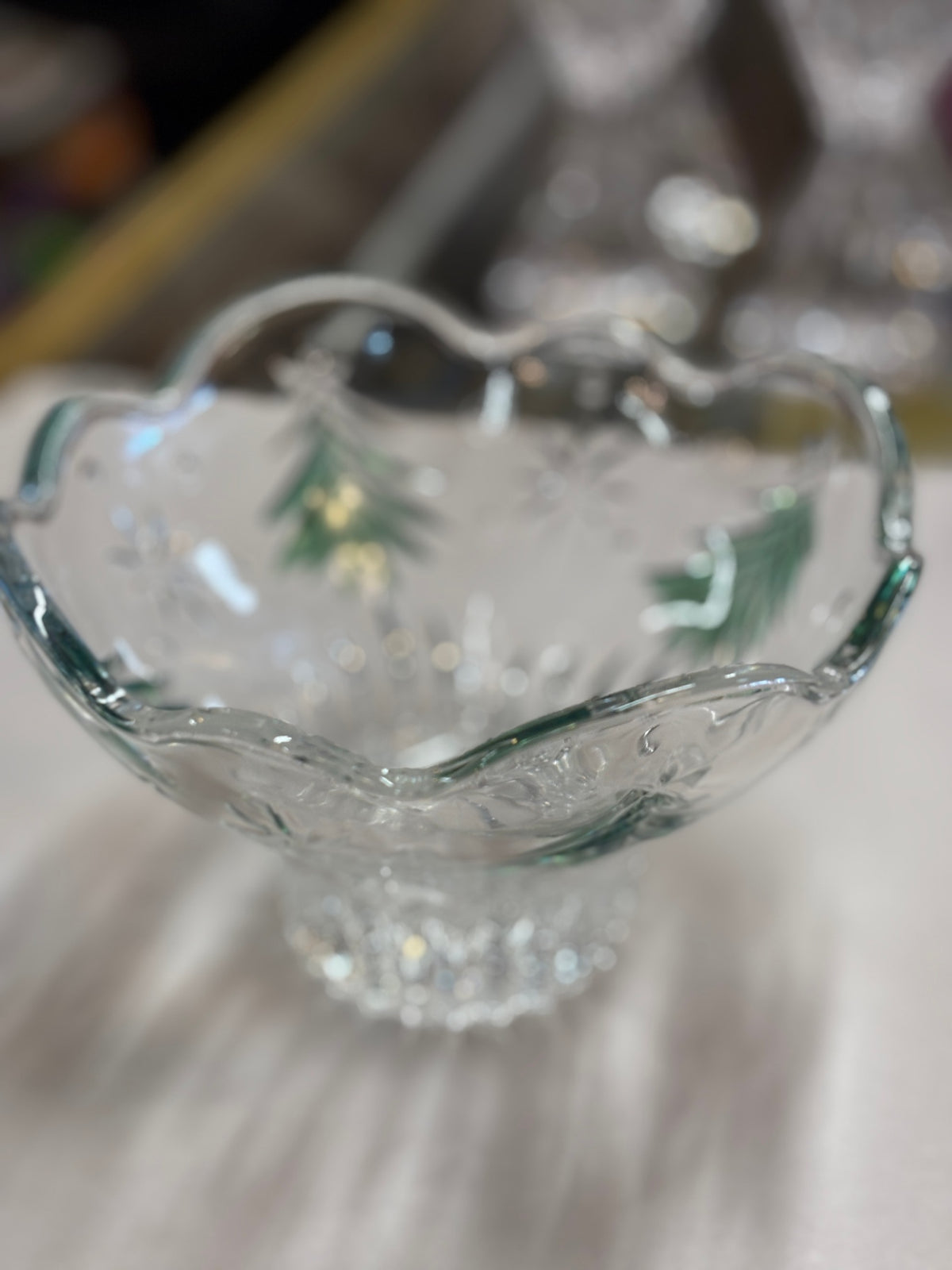 Vintage Clear Glass Pedestal Compote Bowl with Green Evergreen Tree Accents