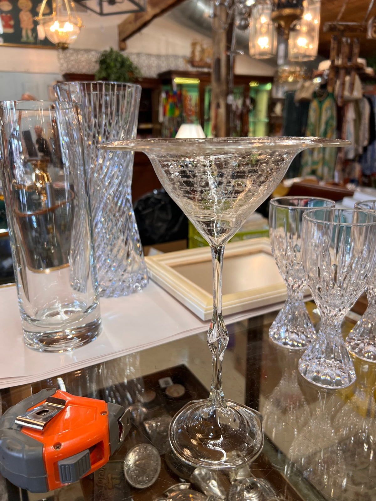 Hand-Blown Art Glass Martini-Shaped Centerpiece Vase with Crackle Bowl & Twisted Stem