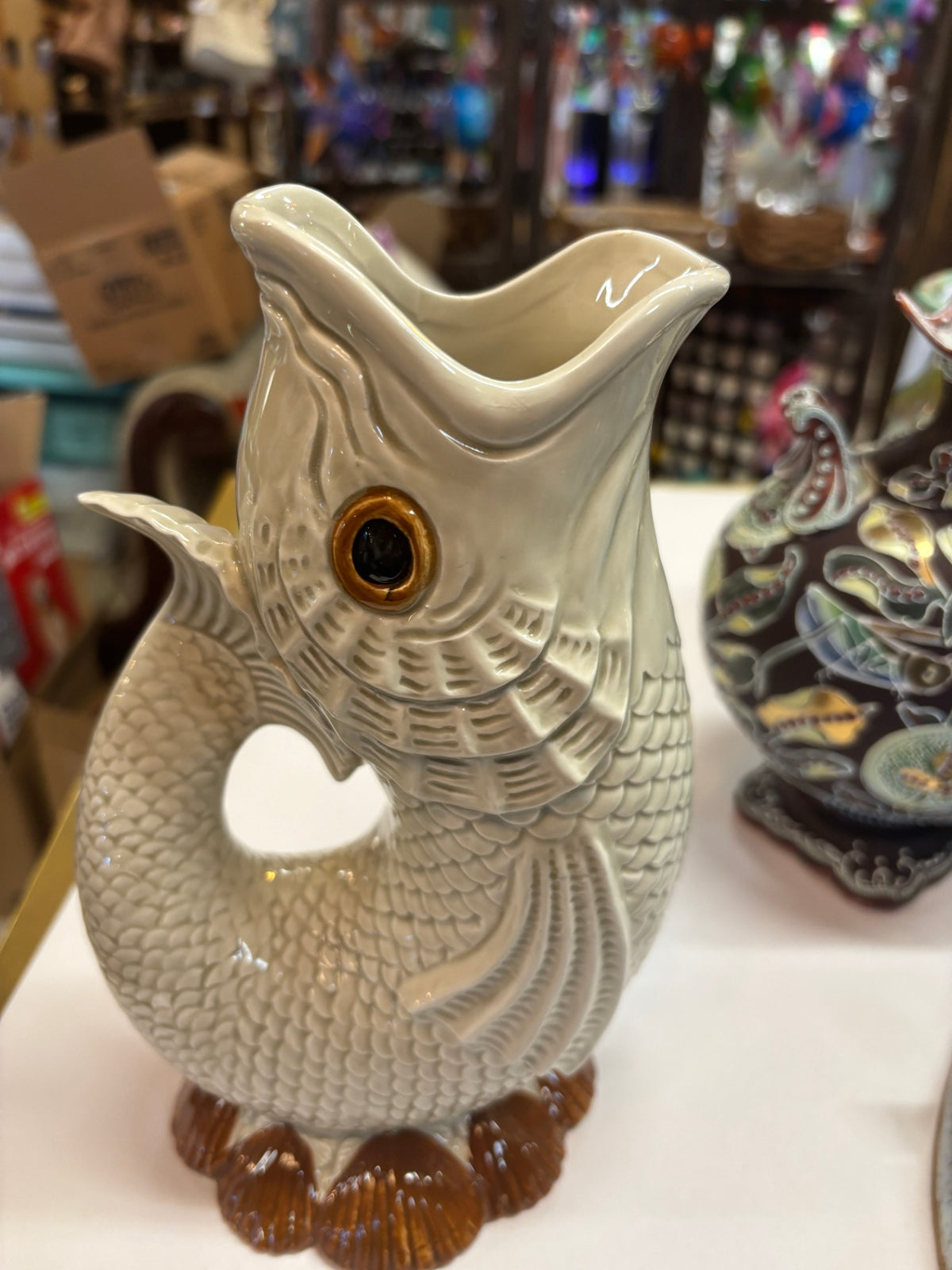 Fitz and Floyd Ceramic Fish Pitcher / Vase – Coastal Nautical Décor