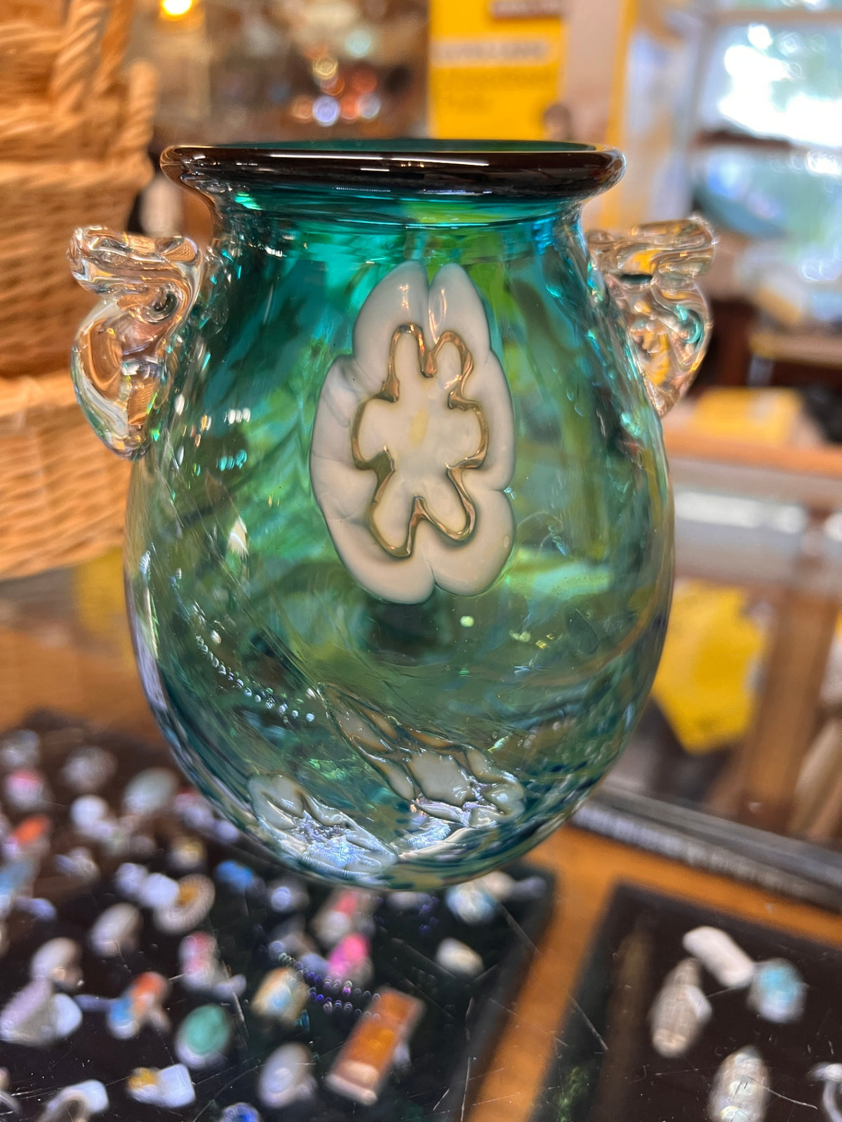 Herb A. Thomas “HAT” Signed Hand-Blown Aqua Art Glass Vase with Millefiori Flower & Applied Handles