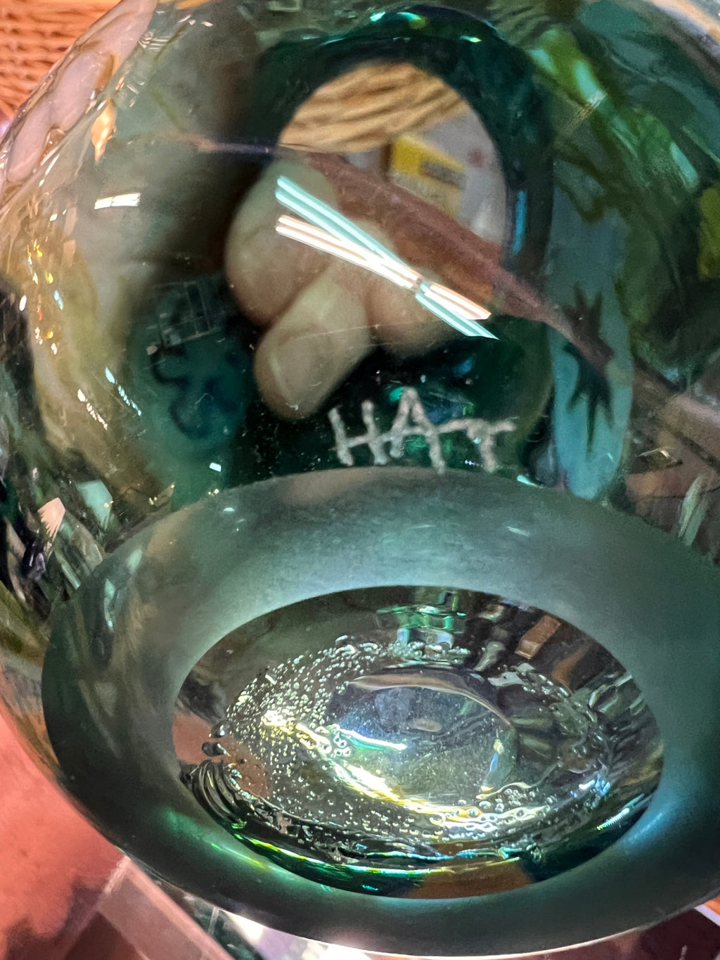 Herb A. Thomas “HAT” Signed Hand-Blown Aqua Art Glass Vase with Millefiori Flower & Applied Handles
