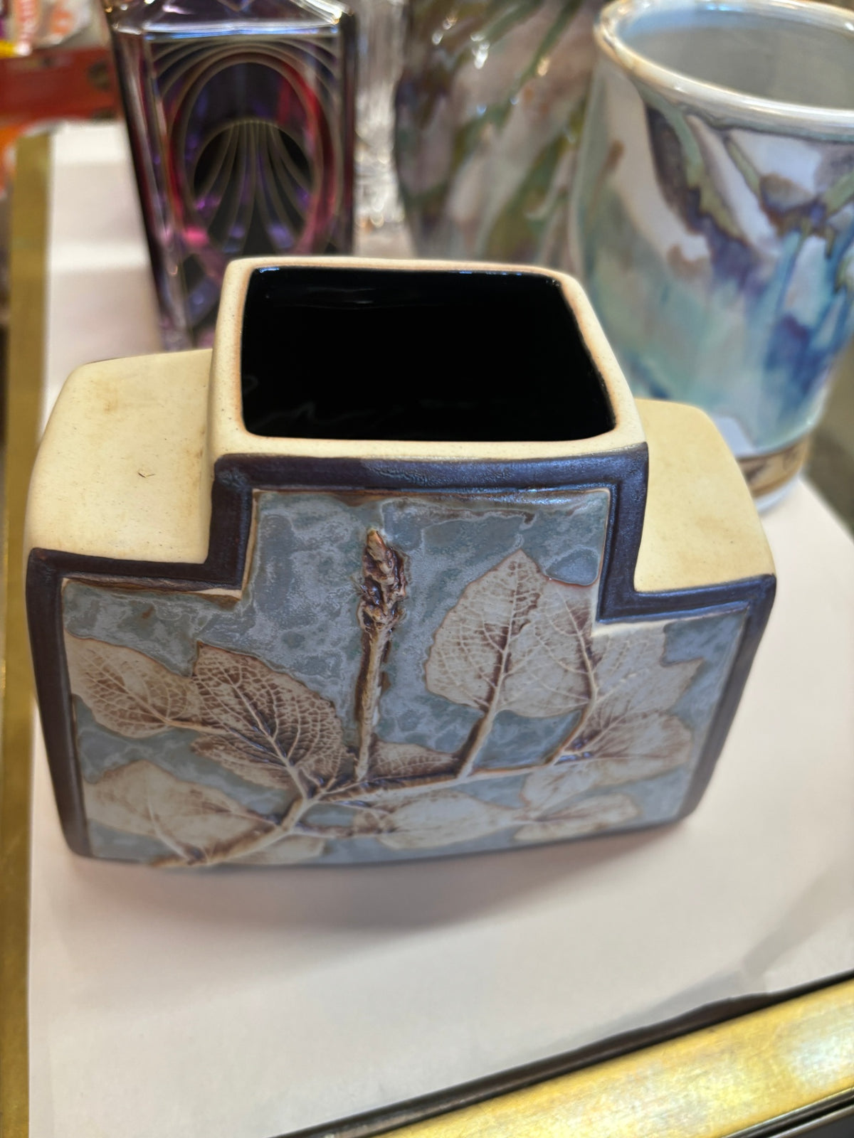 Vintage Tenmoku Studio Art Pottery Vase with Leaf Impressions – Square Geometric Form