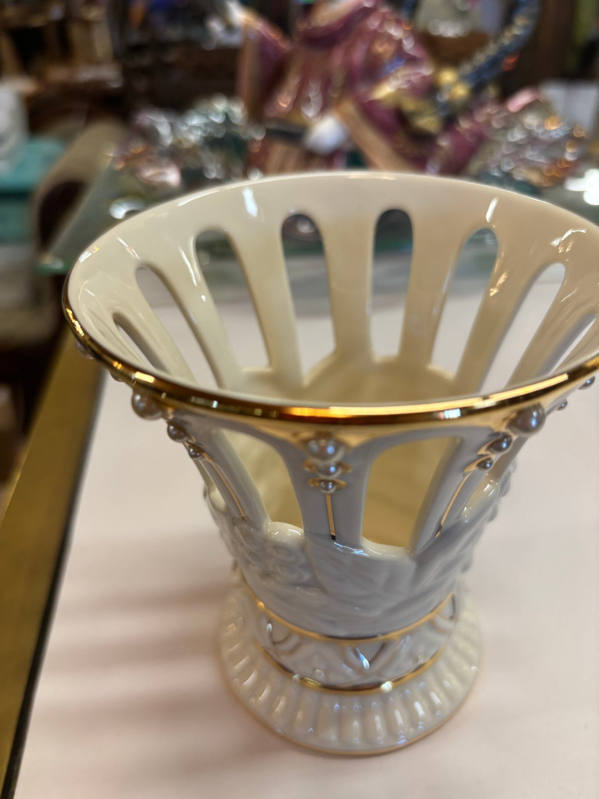 Vintage Lenox Ivory Porcelain Pierced Basket Vase with 24K Gold Trim