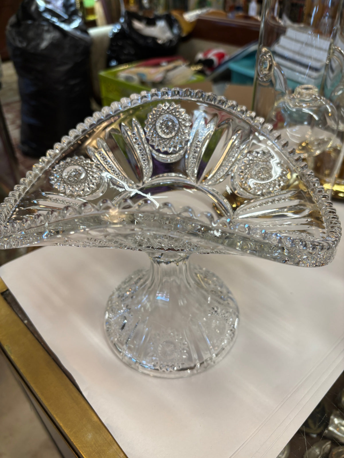 Vintage Pressed Glass Fan-Shaped Pedestal Serving Dish with Sunburst Design