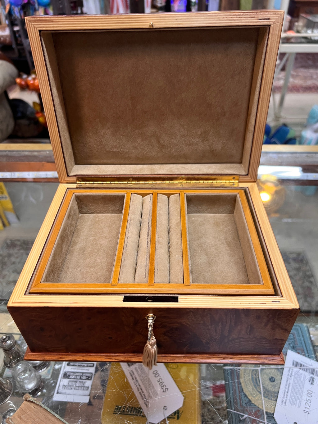 Vintage Italian Burl Wood Jewelry Box with Velvet Interior, Ring Rolls & Tassel Key