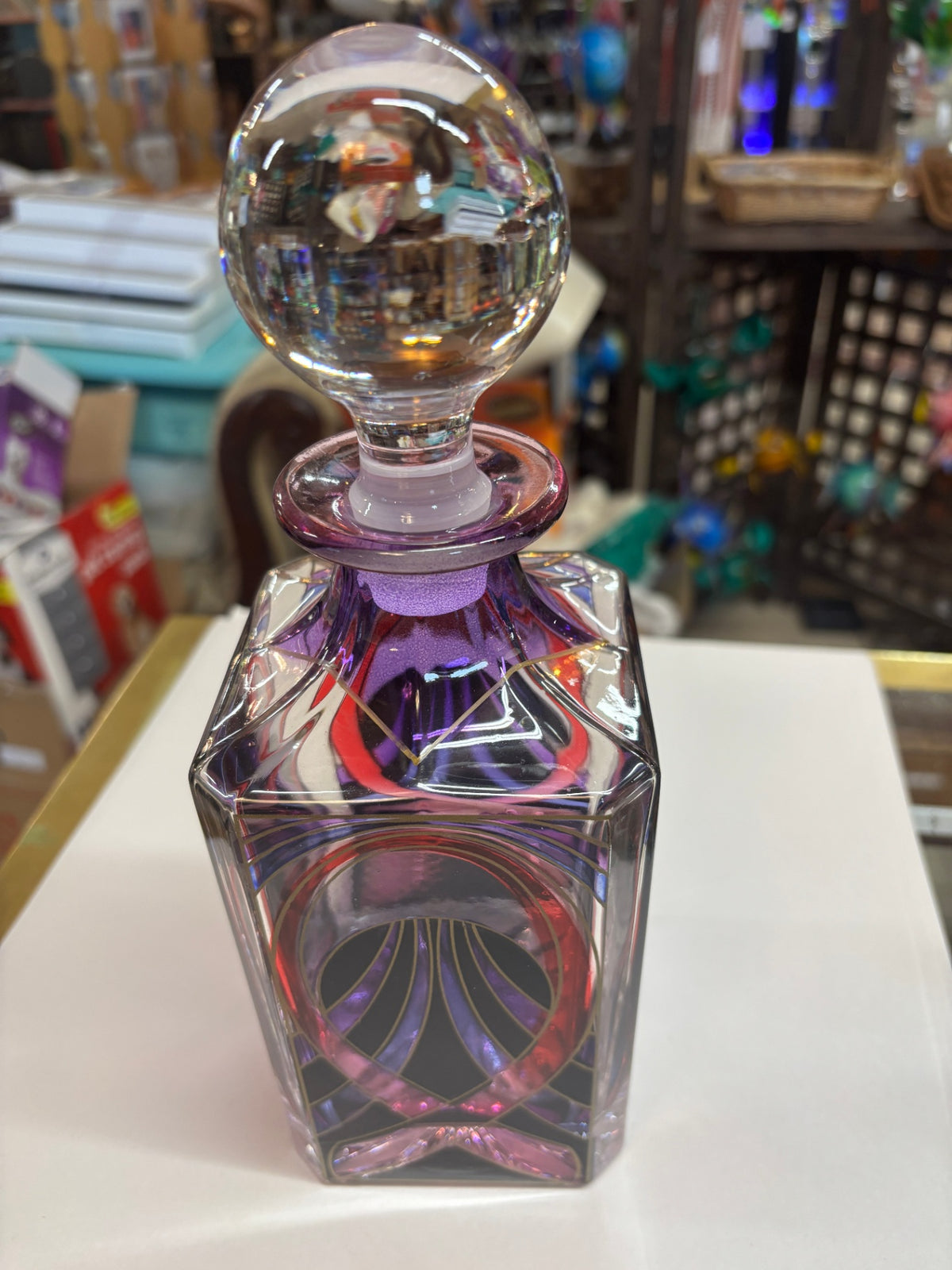 Vintage Art Glass Decanter with Purple, Red & Black Geometric Design and Clear Ball Stopper