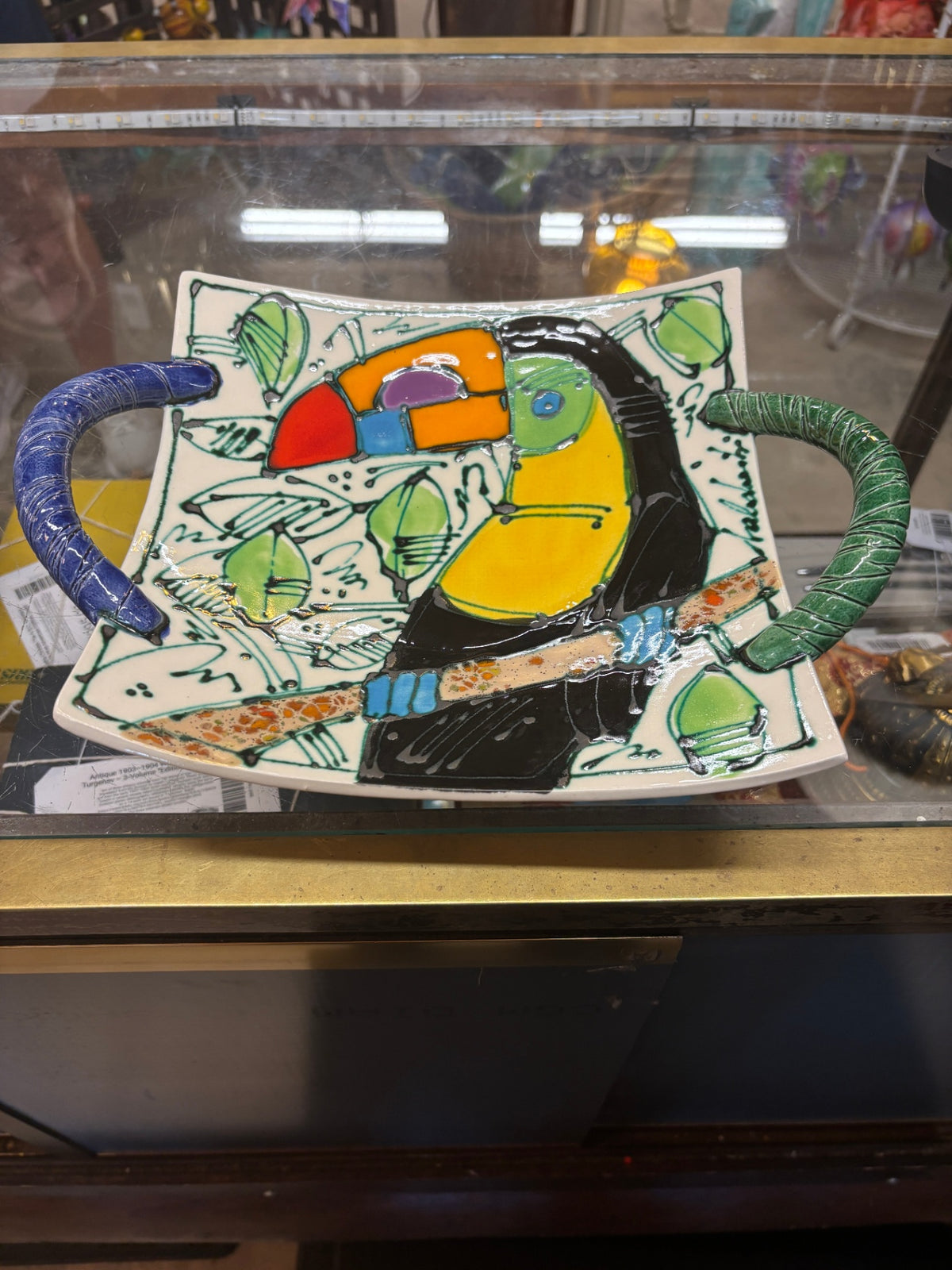 Colorful Toucan Ceramic Serving Tray with Sculptural Handles