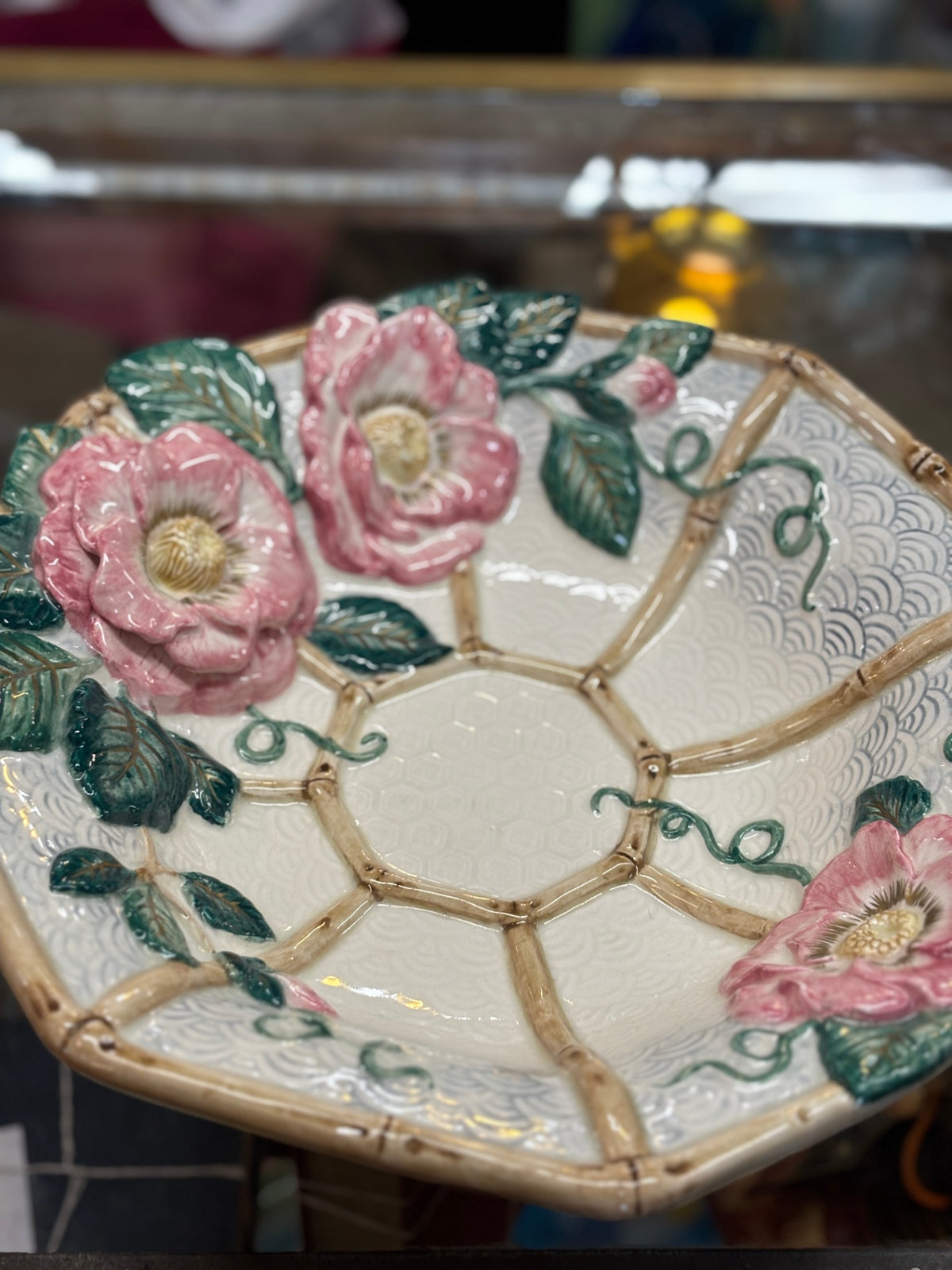 Vintage Fitz and Floyd Floral Bamboo Serving Bowl with Raised Pink Flowers & Green Leaves