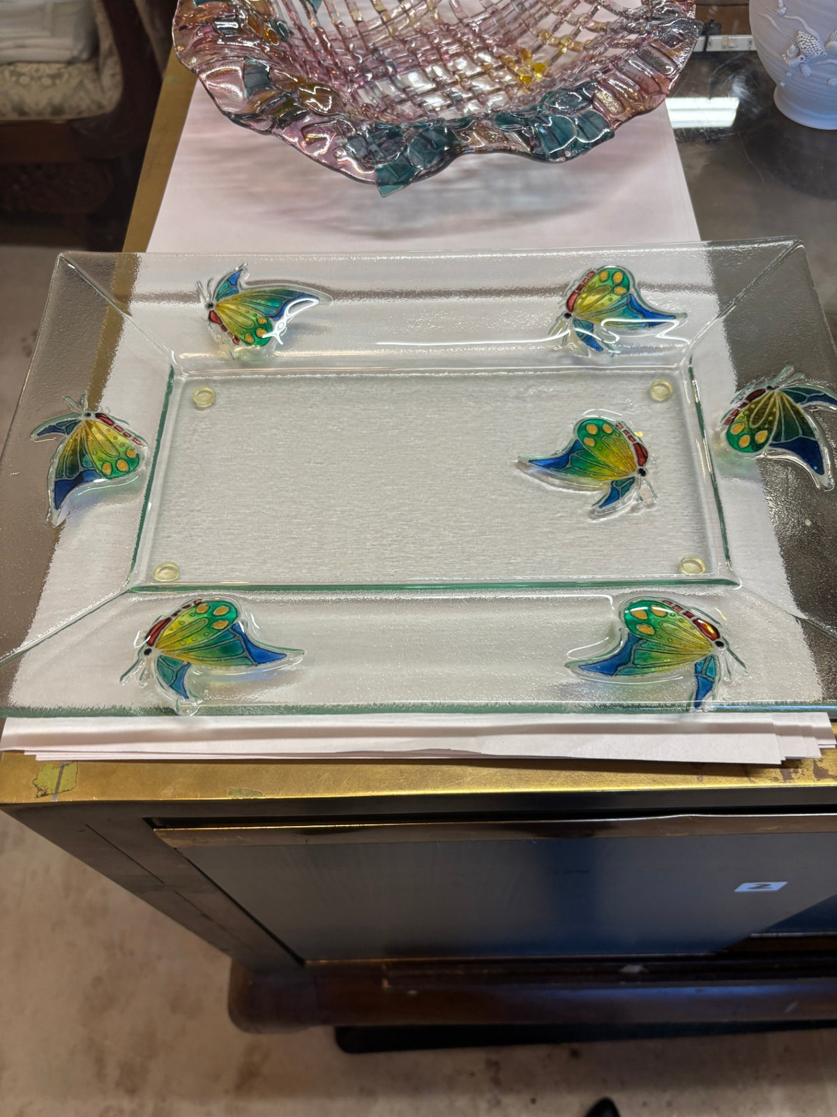 Contemporary Fused Art Glass Serving Tray with Colorful Butterfly Motif