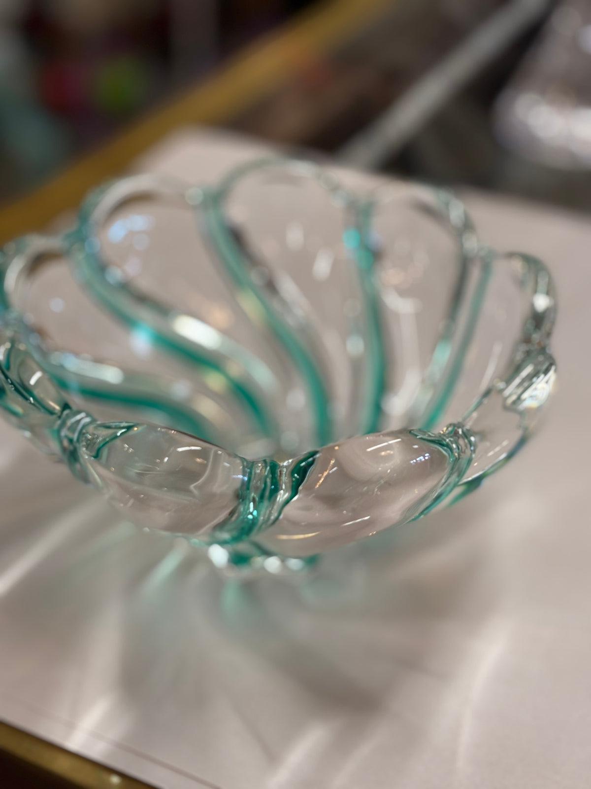 Vintage Aqua Blue Art Glass Scalloped Bowl – Hand-Blown Style Decorative Centerpiece