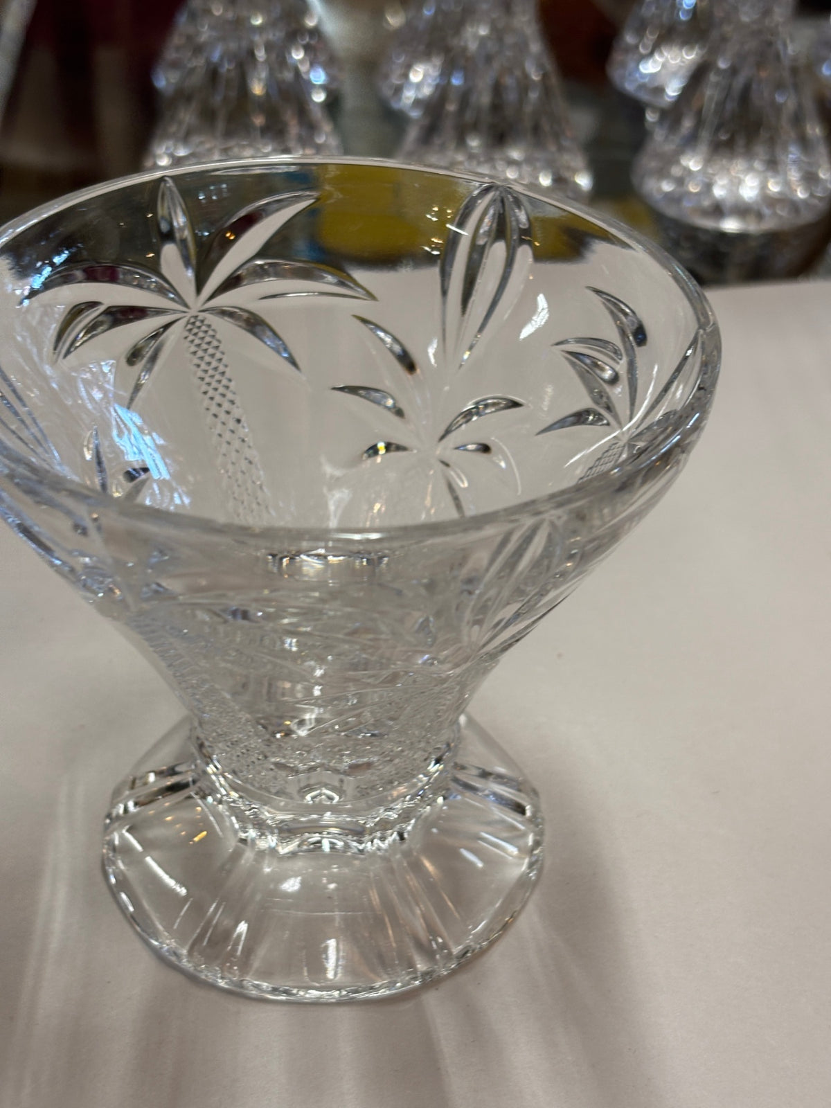 Vintage Cut Crystal Footed Bowl with Palm Tree Motif