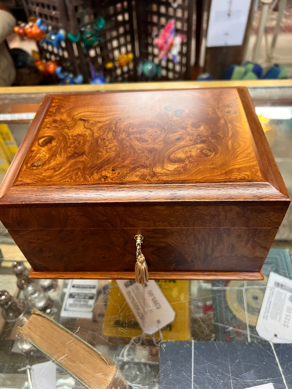 Vintage Italian Burl Wood Jewelry Box with Velvet Interior, Ring Rolls & Tassel Key