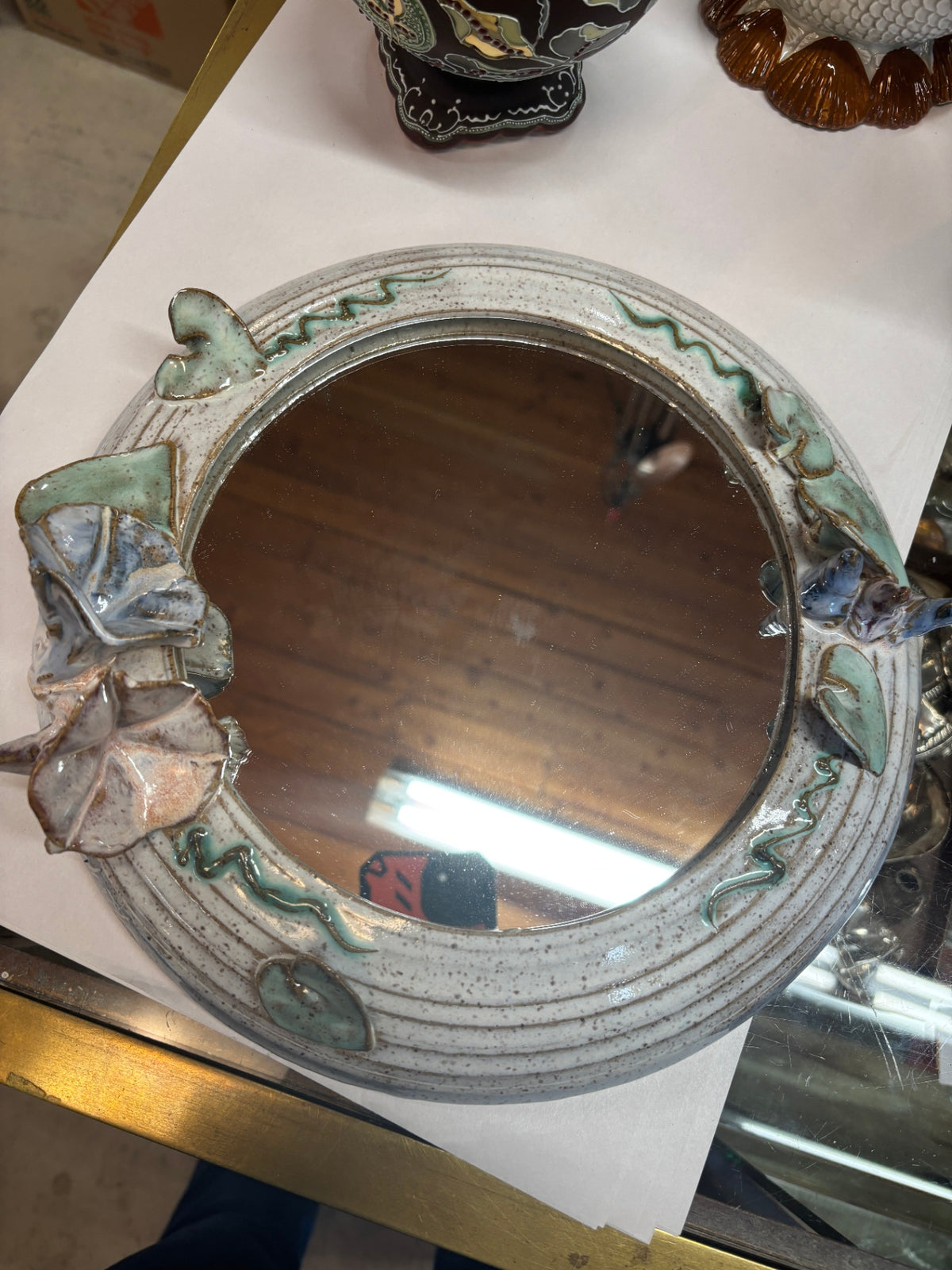 Handcrafted Studio Pottery Mirror with Sculpted Morning Glory Flowers & Butterflies