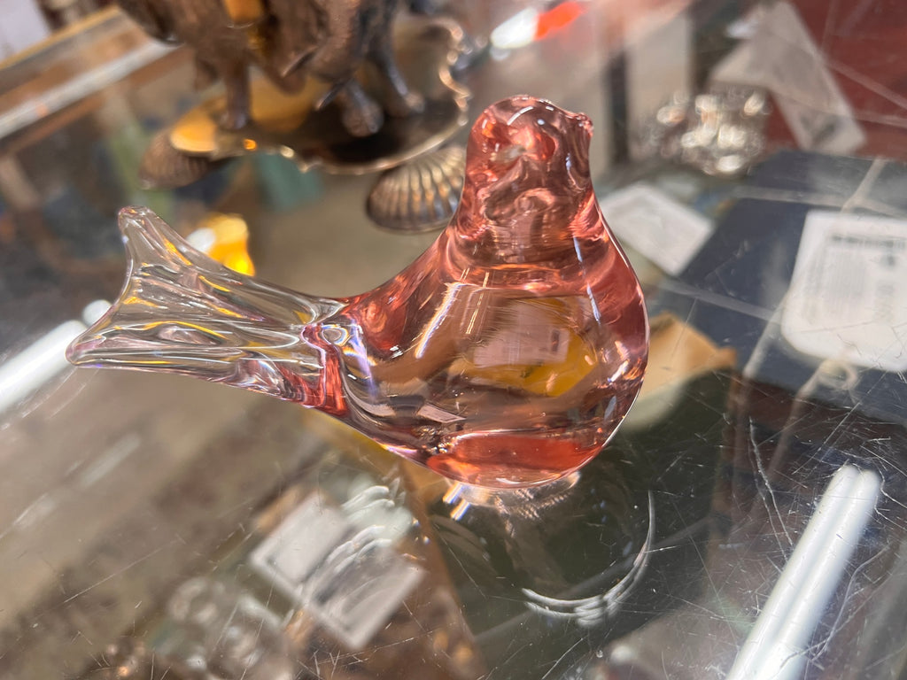 Vintage Pink Art Glass Bird Figurine – Clear Crystal Tail – Sculptural Glass Collectible