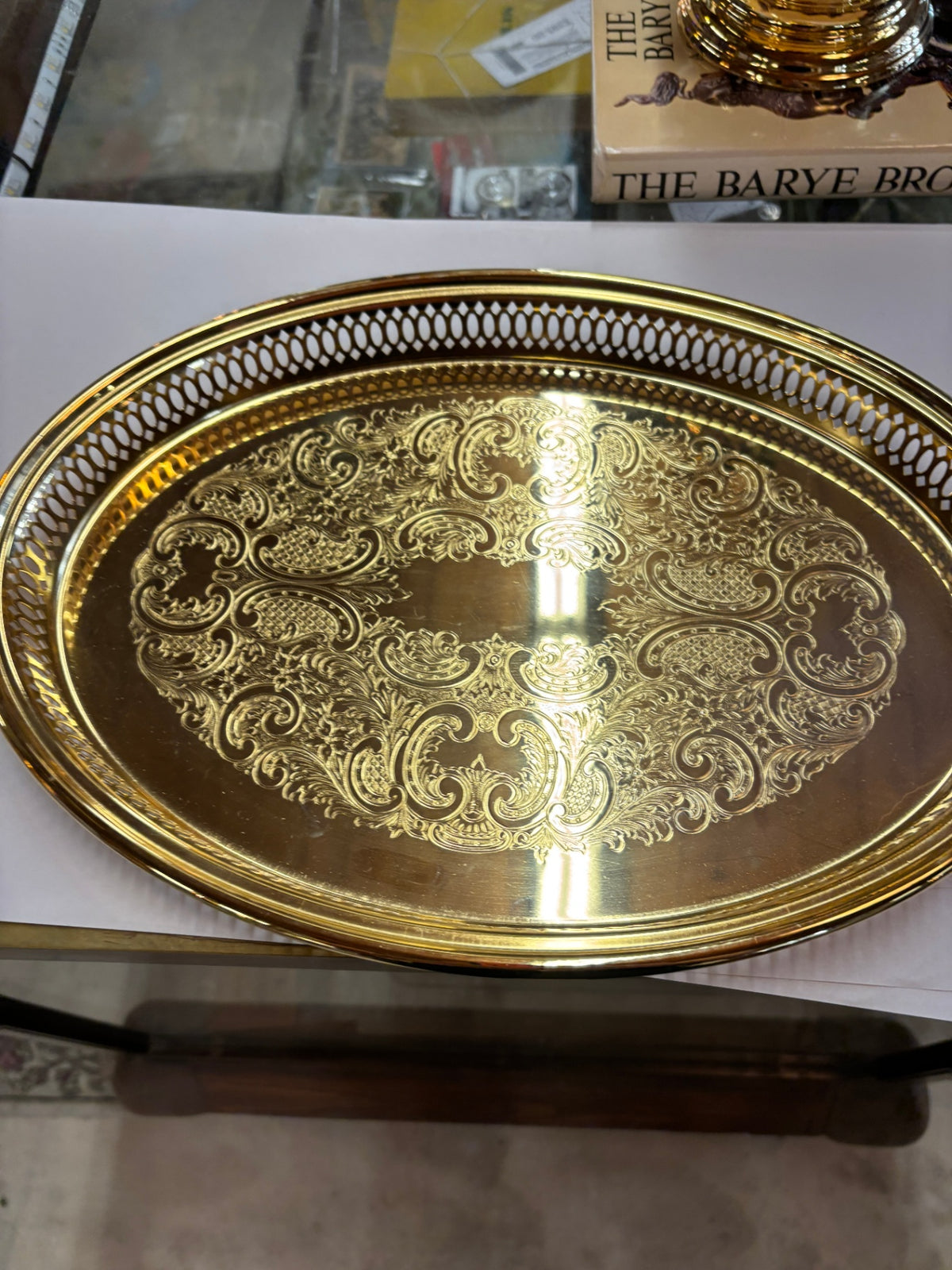 Vintage Valerio 24K Gold Electroplated Oval Serving Tray – Ornate Etched Floral Scrollwork & Pierced Gallery Rim