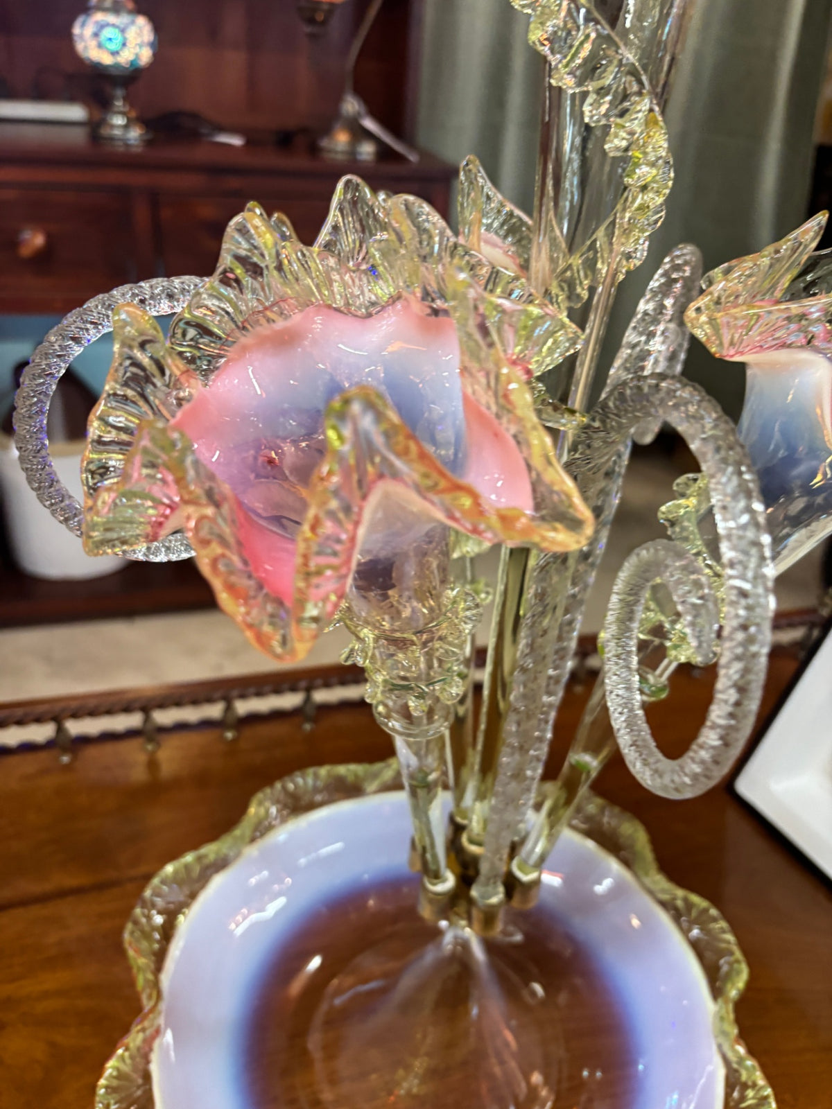Magnificent Victorian Pink Opalescent & UV-Reactive Glass Epergne Centerpiece – Attributed c. 1885 – 23.75"