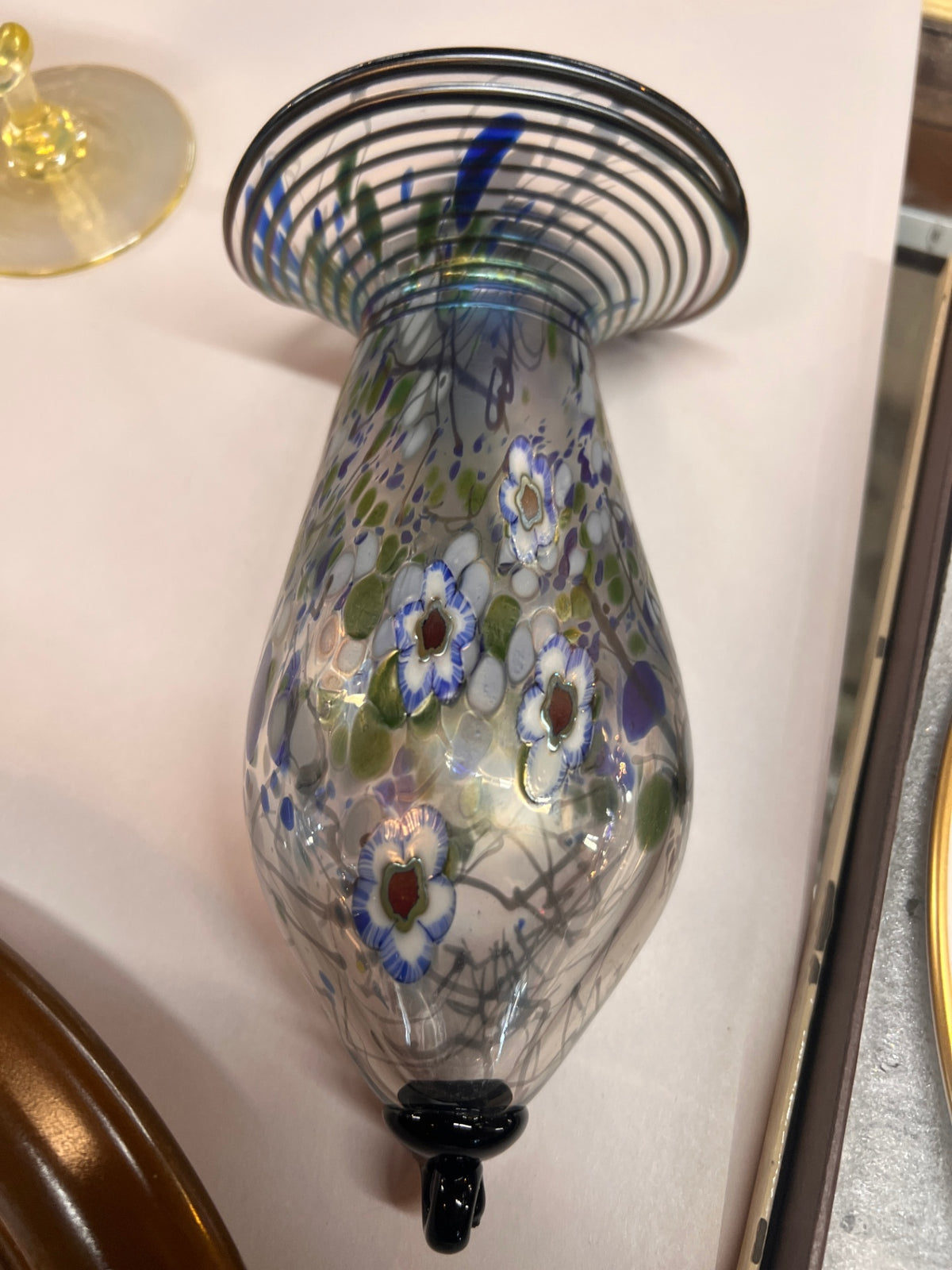 Herb A. Thomas HAT Signed Hand-Blown Art Glass Vase – Blue Floral Millefiori – Black Spiral Rim – American Studio Glass