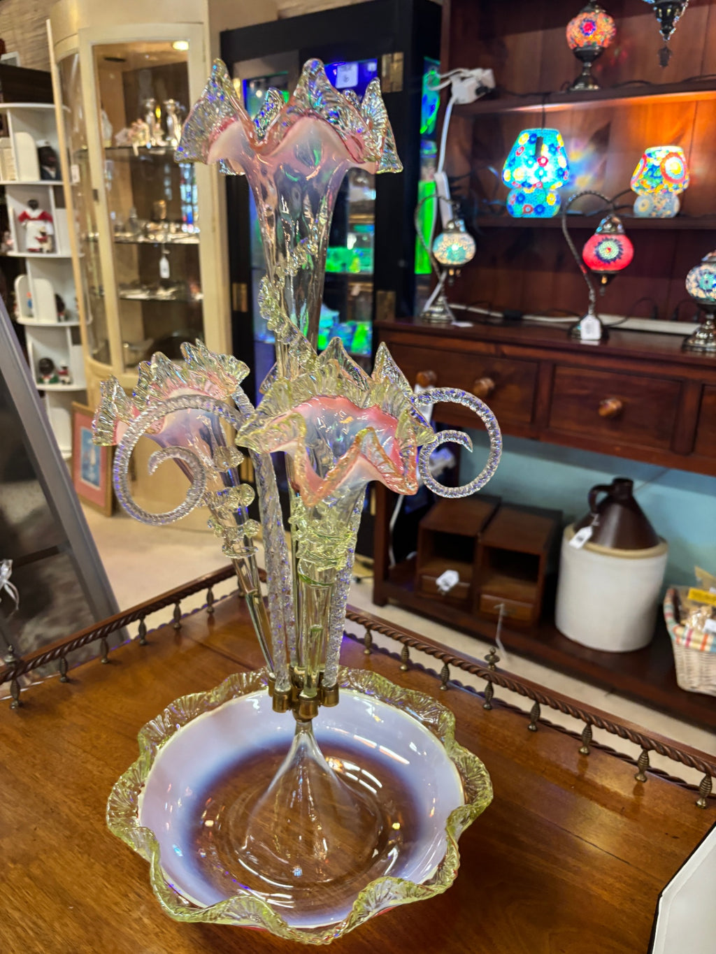 Magnificent Victorian Pink Opalescent & UV-Reactive Glass Epergne Centerpiece – Attributed c. 1885 – 23.75"