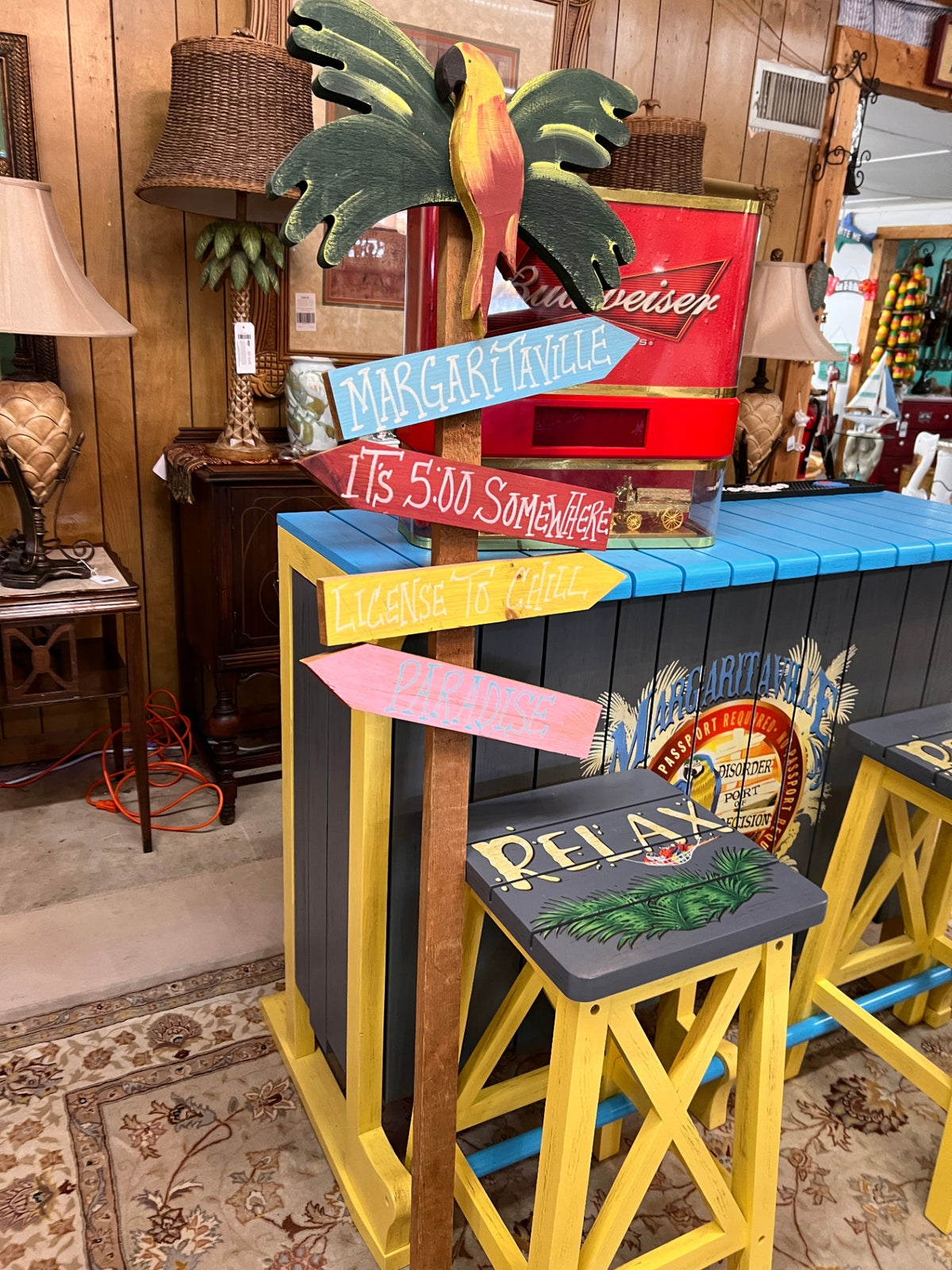 Margaritaville Jimmy Buffett Tropical Wooden Directional Signpost with Palm Tree – Coastal Tiki Bar Décor