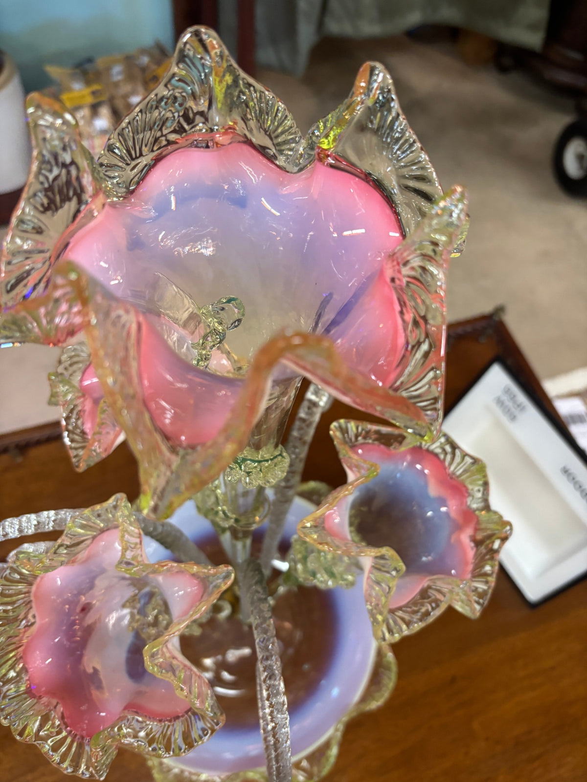 Magnificent Victorian Pink Opalescent & UV-Reactive Glass Epergne Centerpiece – Attributed c. 1885 – 23.75"