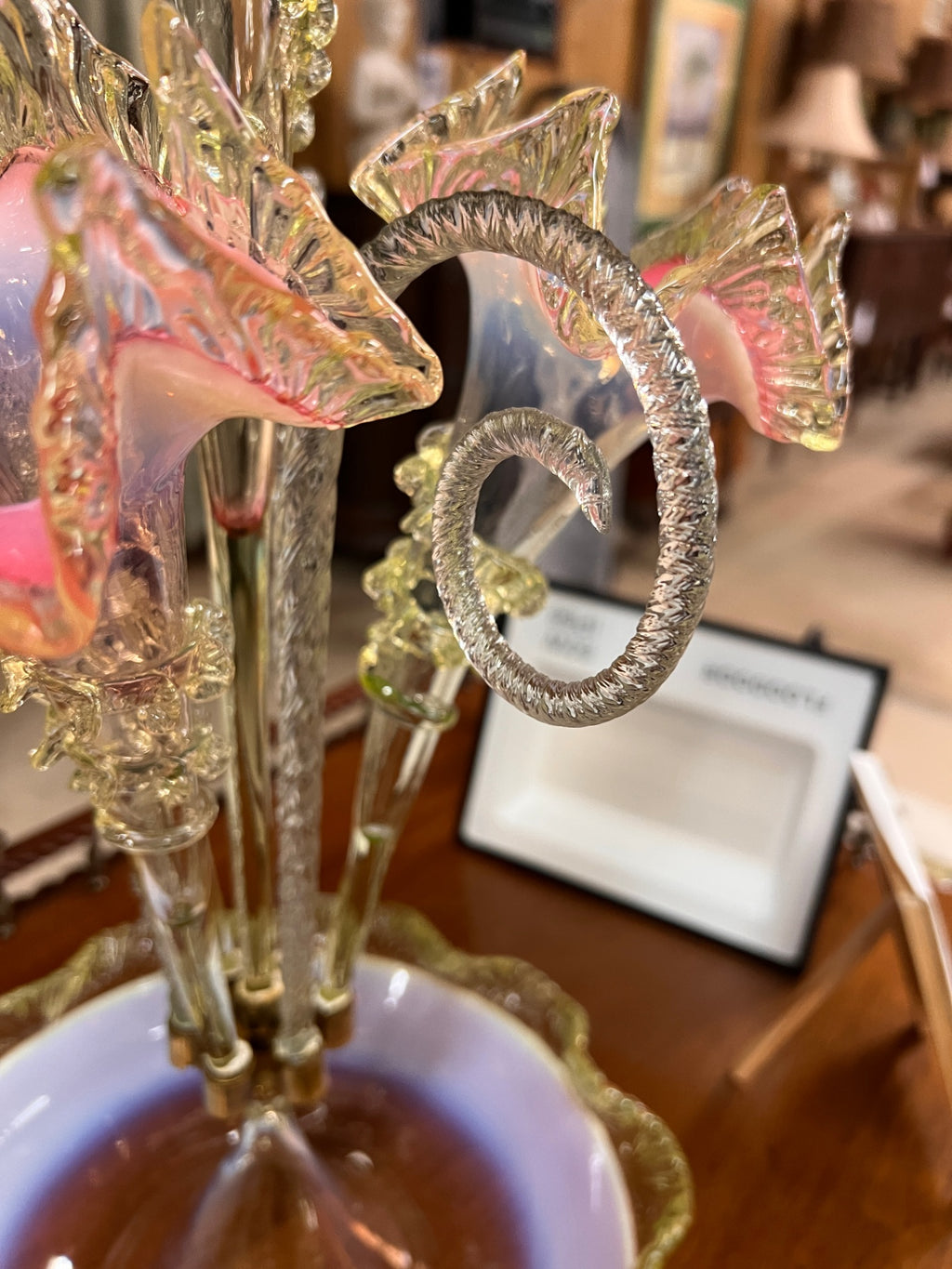 Magnificent Victorian Pink Opalescent & UV-Reactive Glass Epergne Centerpiece – Attributed c. 1885 – 23.75"