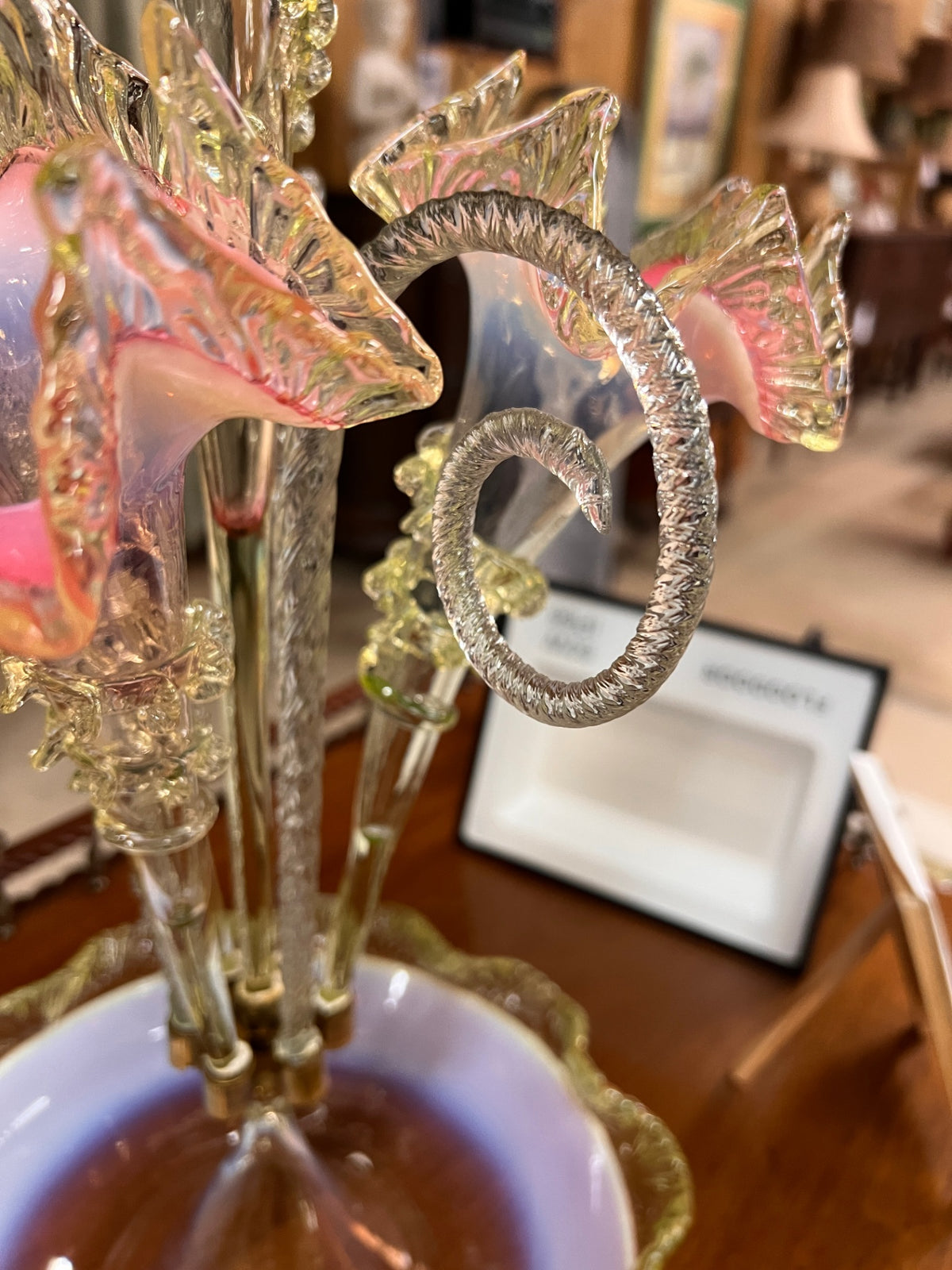 Magnificent Victorian Pink Opalescent & UV-Reactive Glass Epergne Centerpiece – Attributed c. 1885 – 23.75"