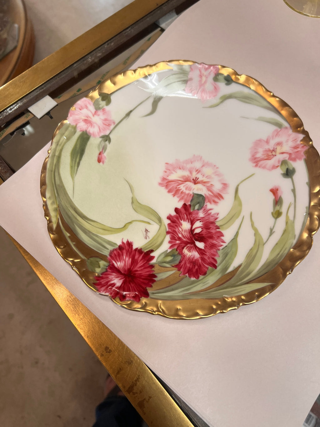 Antique C. Ahrenfeldt Limoges France Hand-Painted Carnation Serving Bowl – Dulin & Martin Washington DC – Heavy Gold Gilt Scalloped Rim