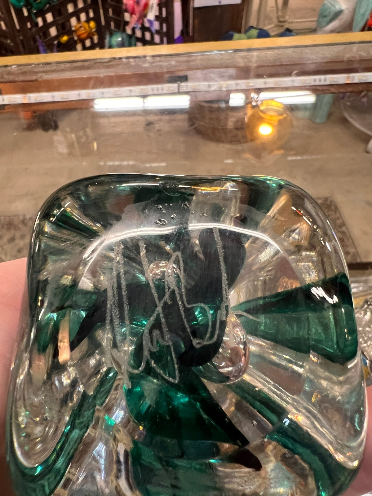 Signed Emerald Green & Clear Hand-Blown Art Glass Sculpture – Abstract Twisted Ribbon Design – Studio Glass