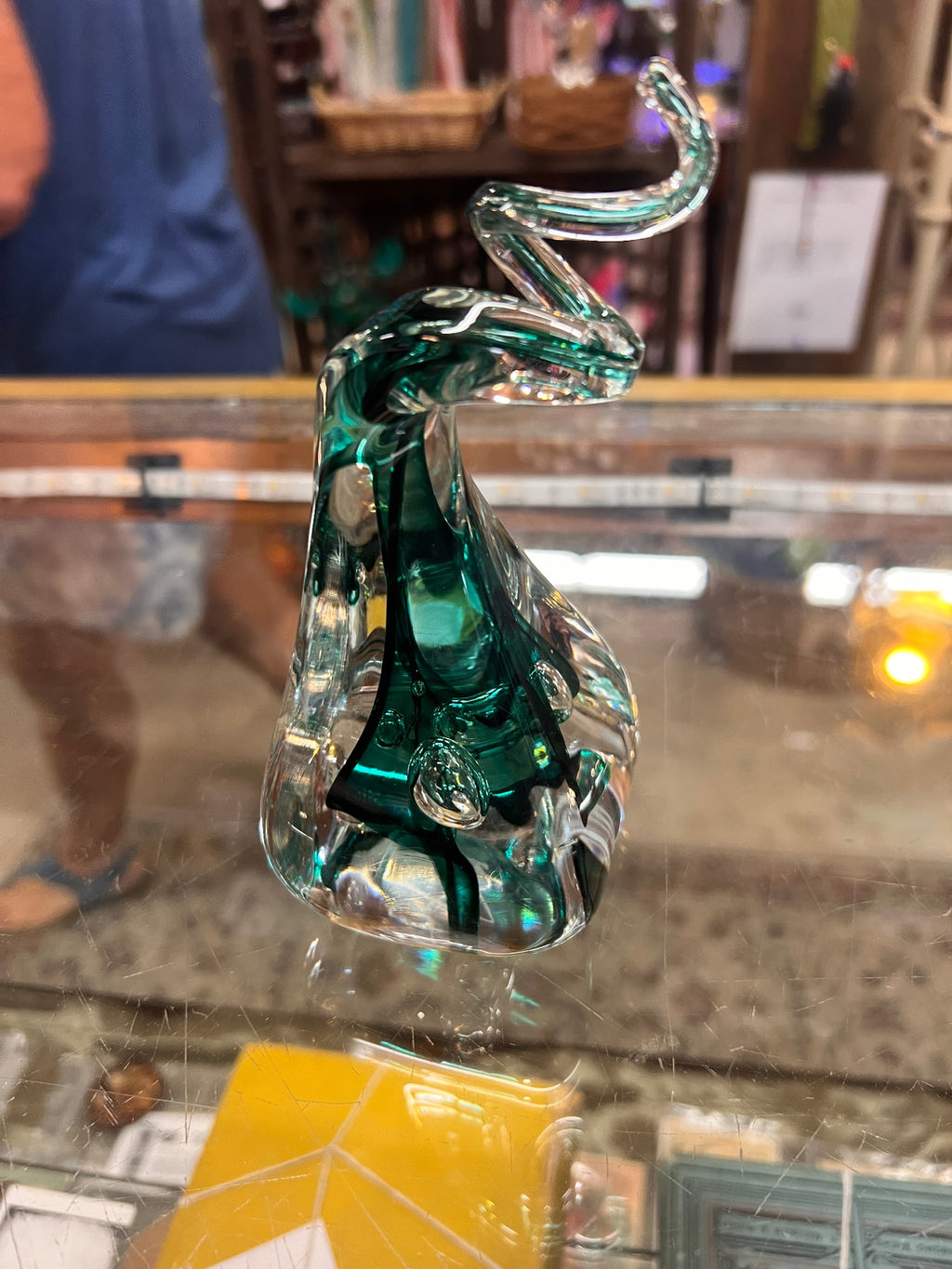 Signed Emerald Green & Clear Hand-Blown Art Glass Sculpture – Abstract Twisted Ribbon Design – Studio Glass