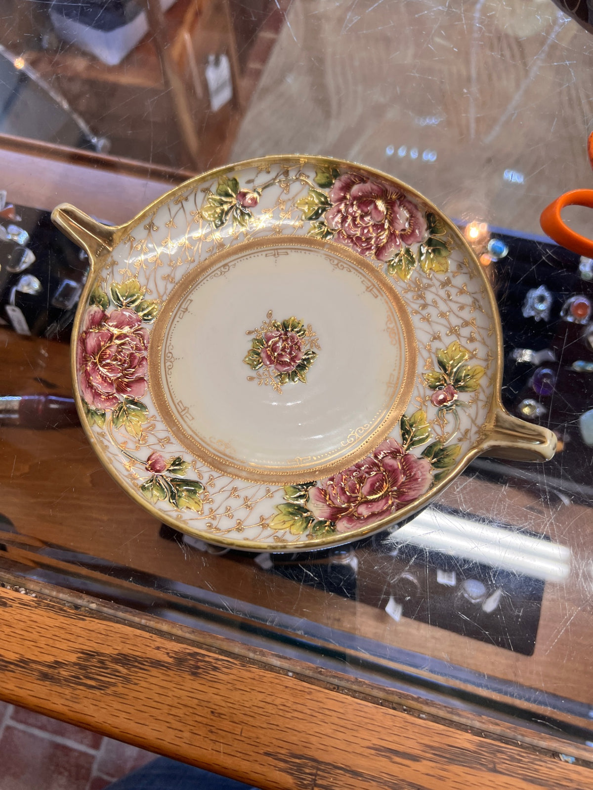 Vintage Hand-Painted Japanese Porcelain Two-Handled Serving Dish – Raised Pink Roses & Elaborate Gold Gilt Decoration
