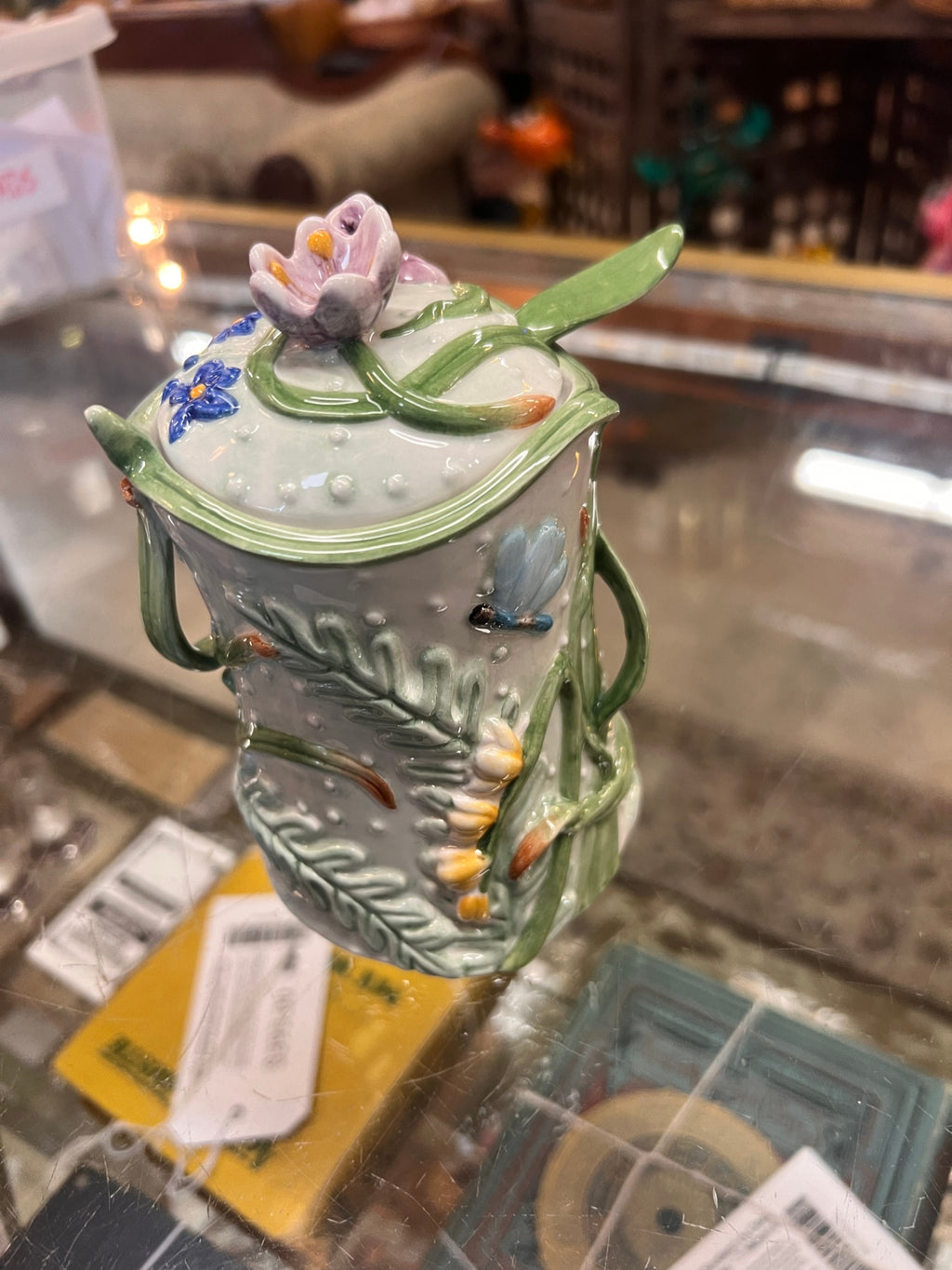 Vintage Fitz & Floyd Classics Lidded Ceramic Jar – Raised Floral & Dragonfly Design – Garden Botanical Décor