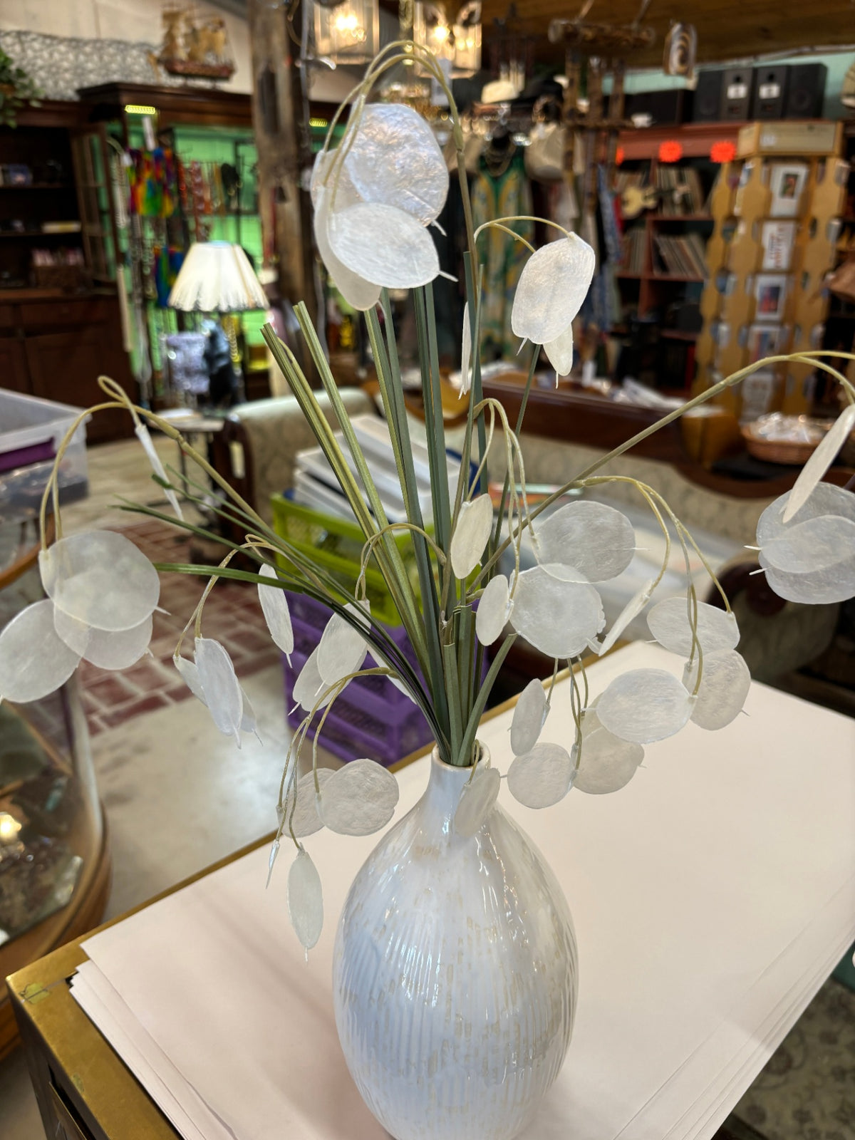 Faux Lunaria Silver Dollar Plant Arrangement in White Textured Ceramic Vase