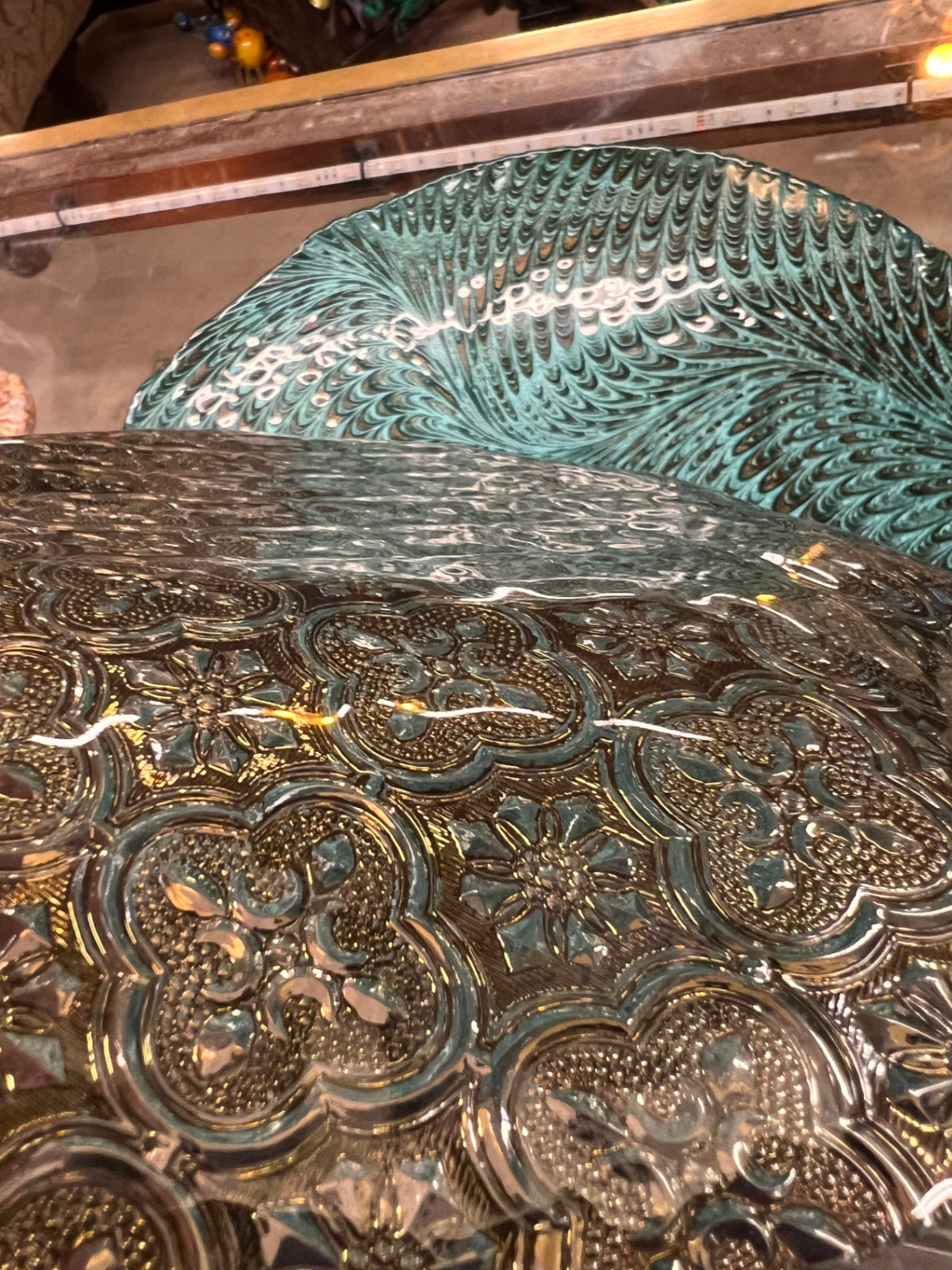 Large 16" Turquoise & Gold Textured Decorative Glass Platter – Reversible-Style Peacock Feather Swirl & Moroccan Floral Design