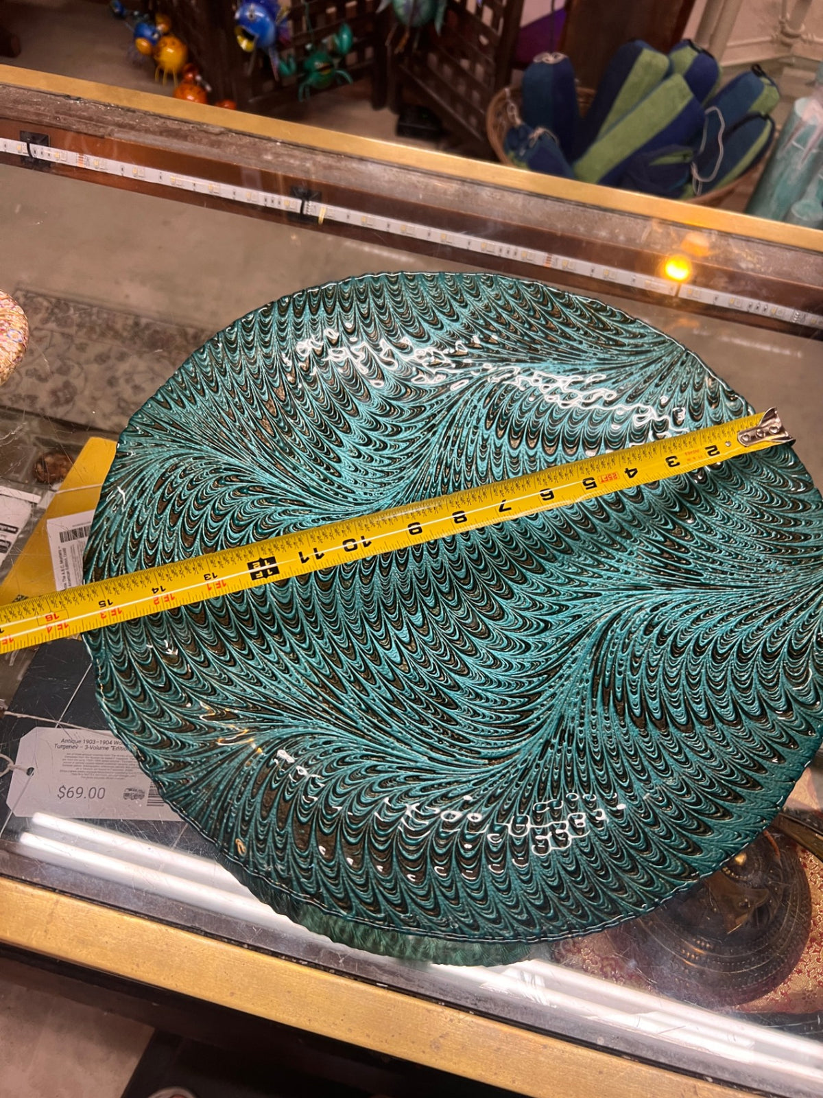 Large 16" Turquoise & Black Textured Art Glass Decorative Platter – Swirling Feather Pattern – Contemporary Centerpiece