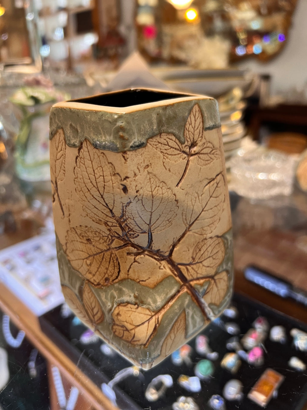 Handcrafted Malaysian Tenmoku Pottery 3-Piece Vase Set – Botanical Leaf Design – Sage Green & Earthtone Ceramic