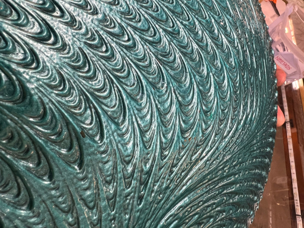 Large 16" Turquoise & Black Textured Art Glass Decorative Platter – Swirling Feather Pattern – Contemporary Centerpiece