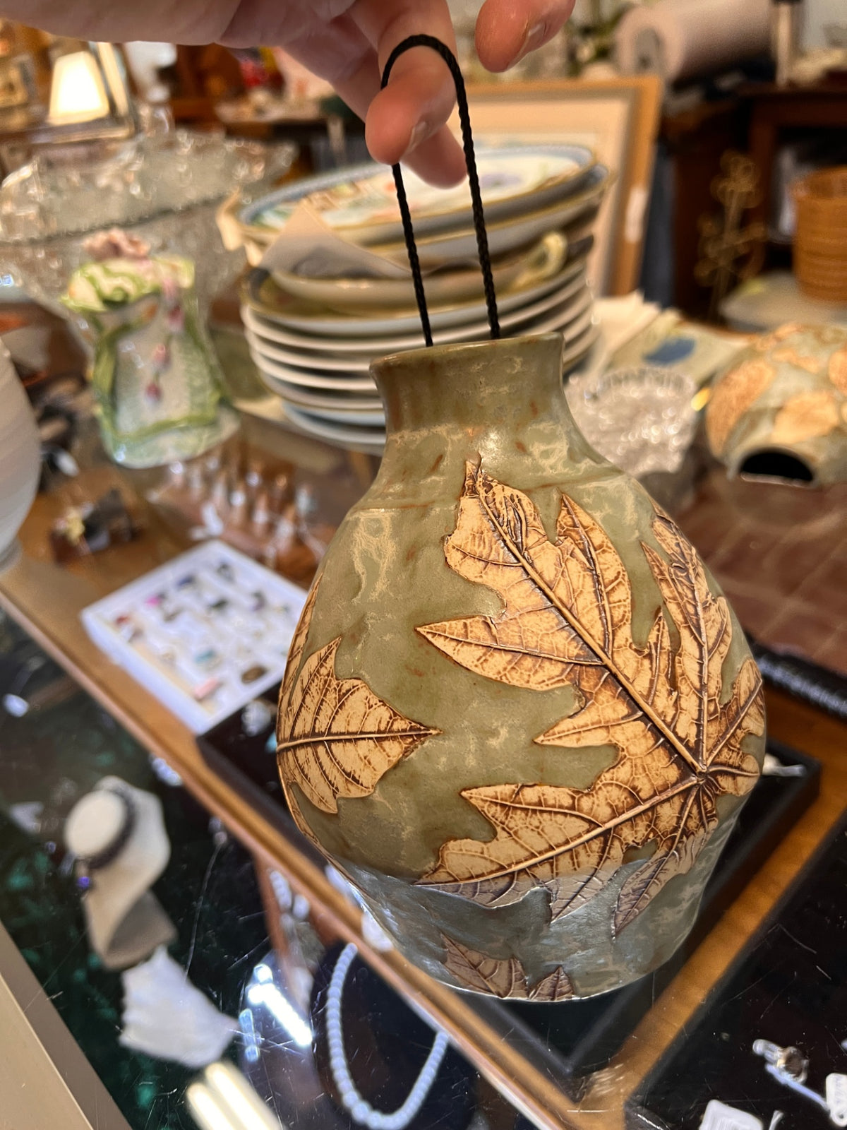 Handcrafted Malaysian Tenmoku Pottery 3-Piece Vase Set – Botanical Leaf Design – Sage Green & Earthtone Ceramic