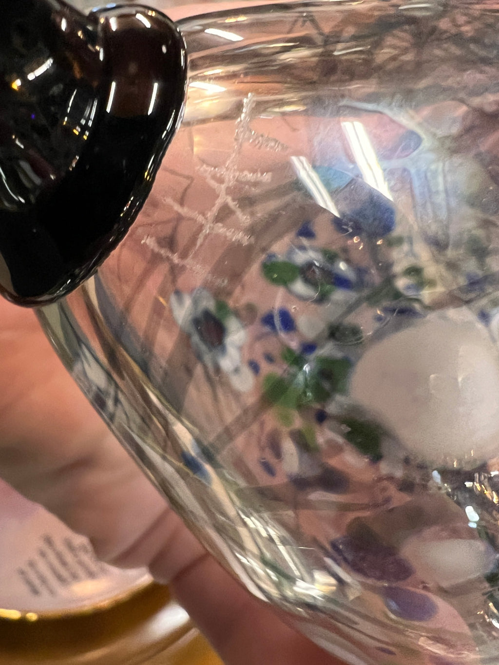 Herb A. Thomas HAT Signed Hand-Blown Art Glass Vase – Blue Floral Millefiori – Black Spiral Rim – American Studio Glass