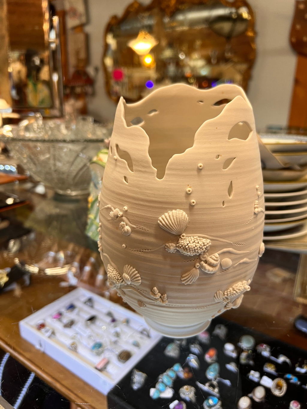 1996 Signed Handmade Coastal Art Pottery Vase – Raised Seashell & Coral Design – Sculptural White Ceramic