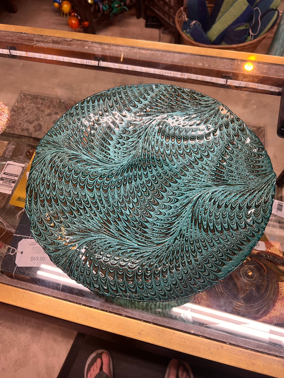 Large 16" Turquoise & Black Textured Art Glass Decorative Platter – Swirling Feather Pattern – Contemporary Centerpiece