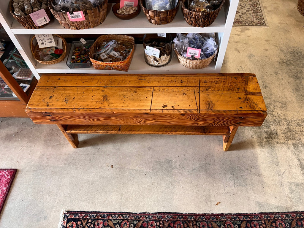 Antique Primitive Pine Farmhouse Bench with Lower Shelf – Rustic Solid Wood Entryway Bench
