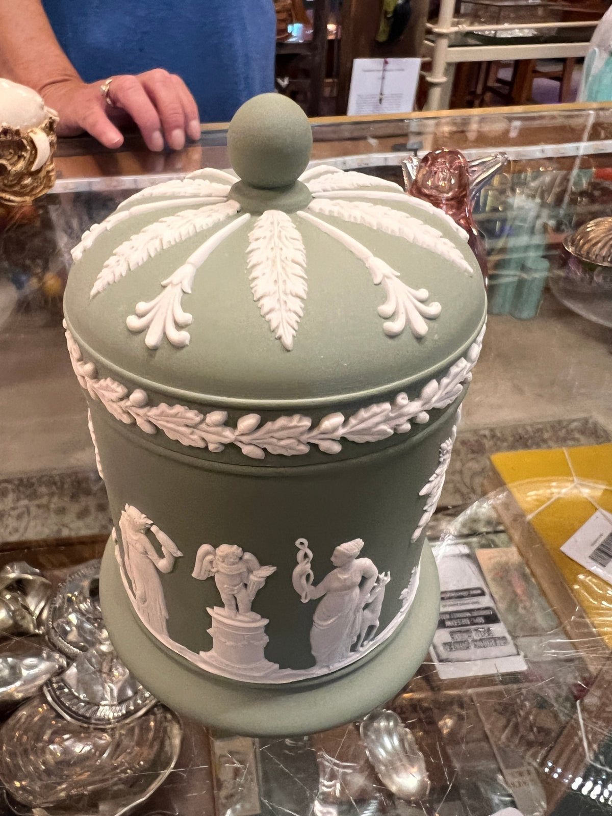 Vintage Wedgwood Sage Green Jasperware Covered Biscuit Jar – White Classical Figures, Oak Leaf Garlands & Domed Lid
