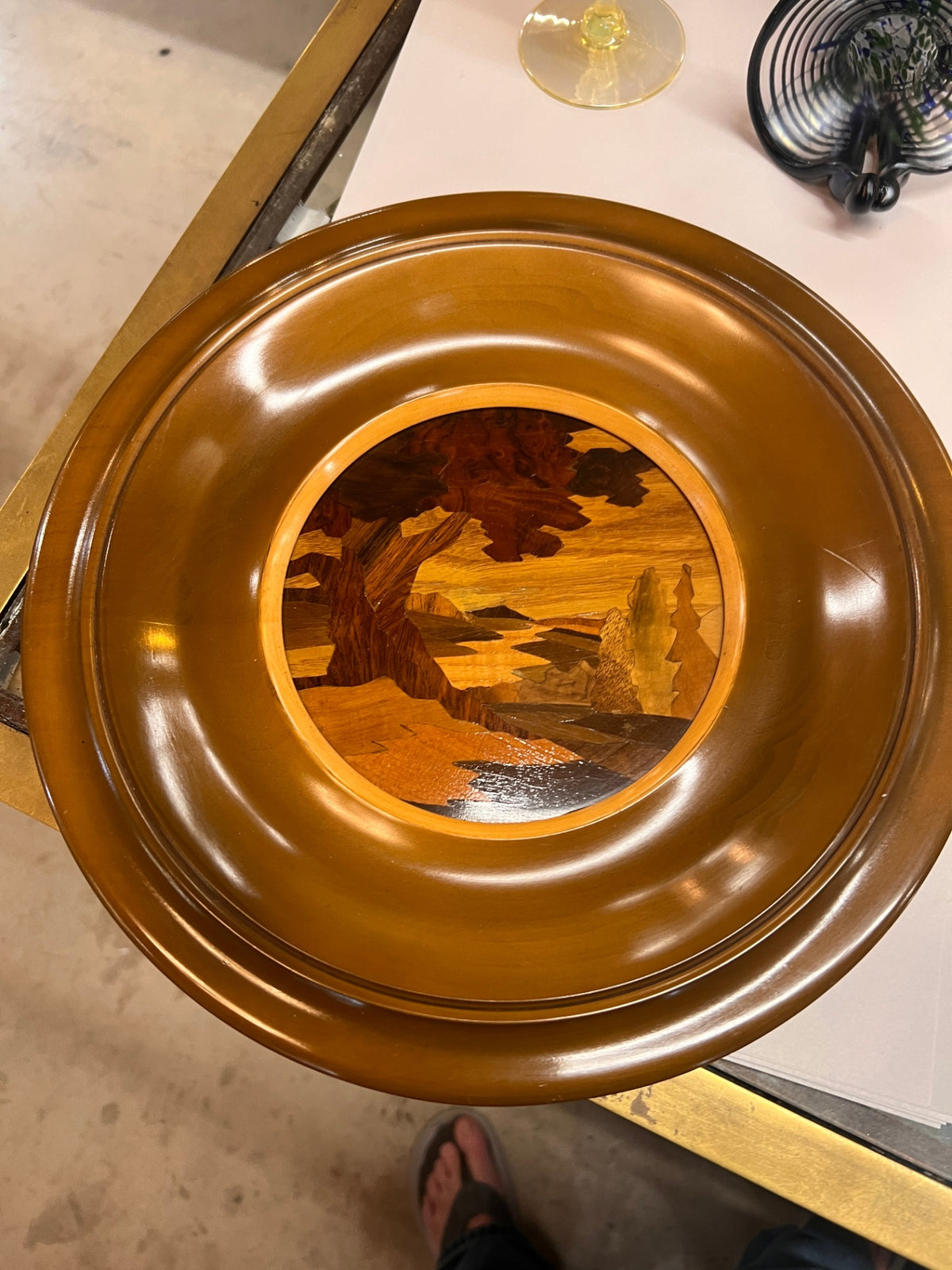 Vintage Decorative Wood Marquetry Bowl – Inlaid Landscape Scene – Turned Wooden Centerpiece