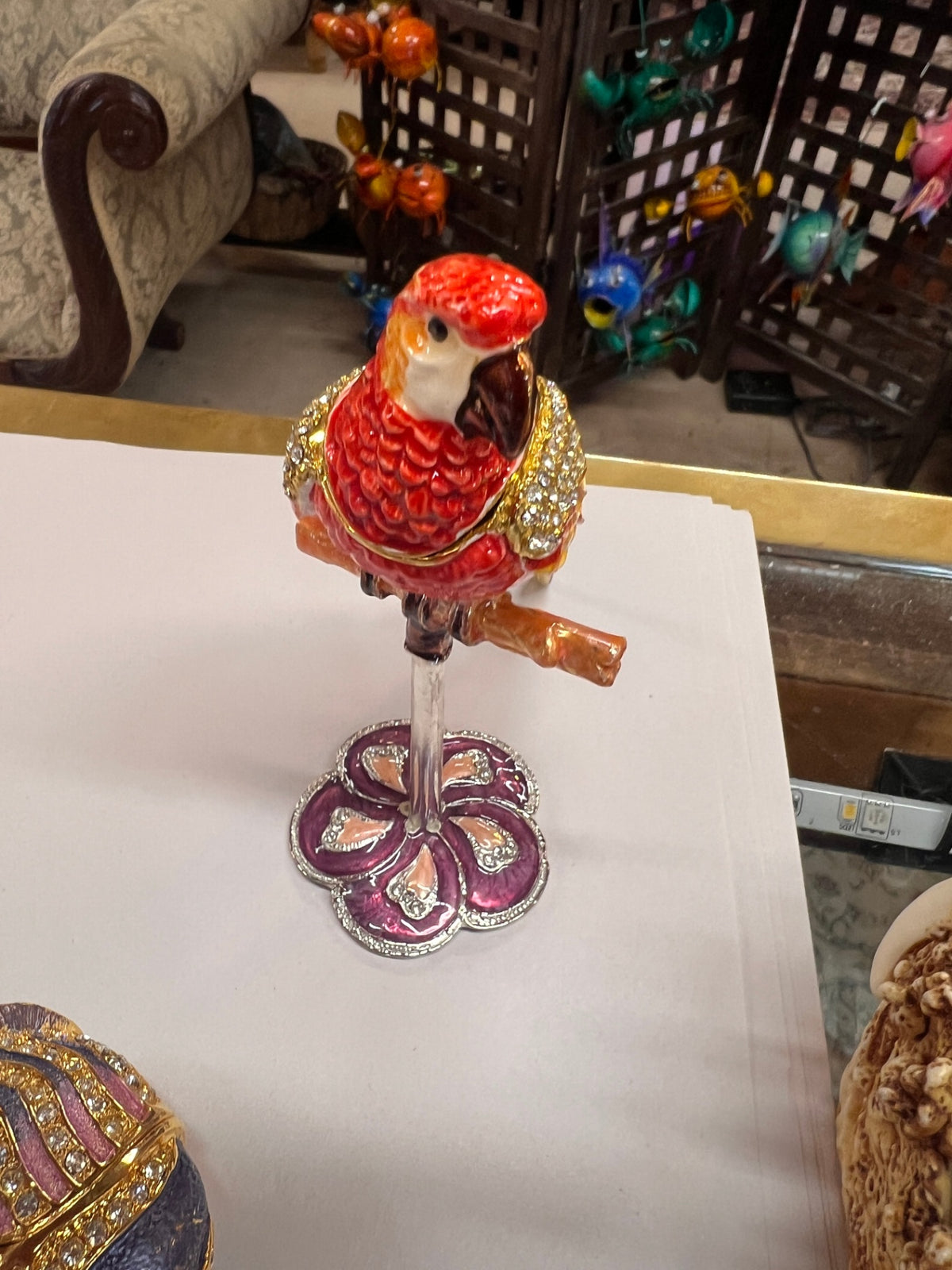 Jeweled Red Parrot on Decorative Stand Trinket Box