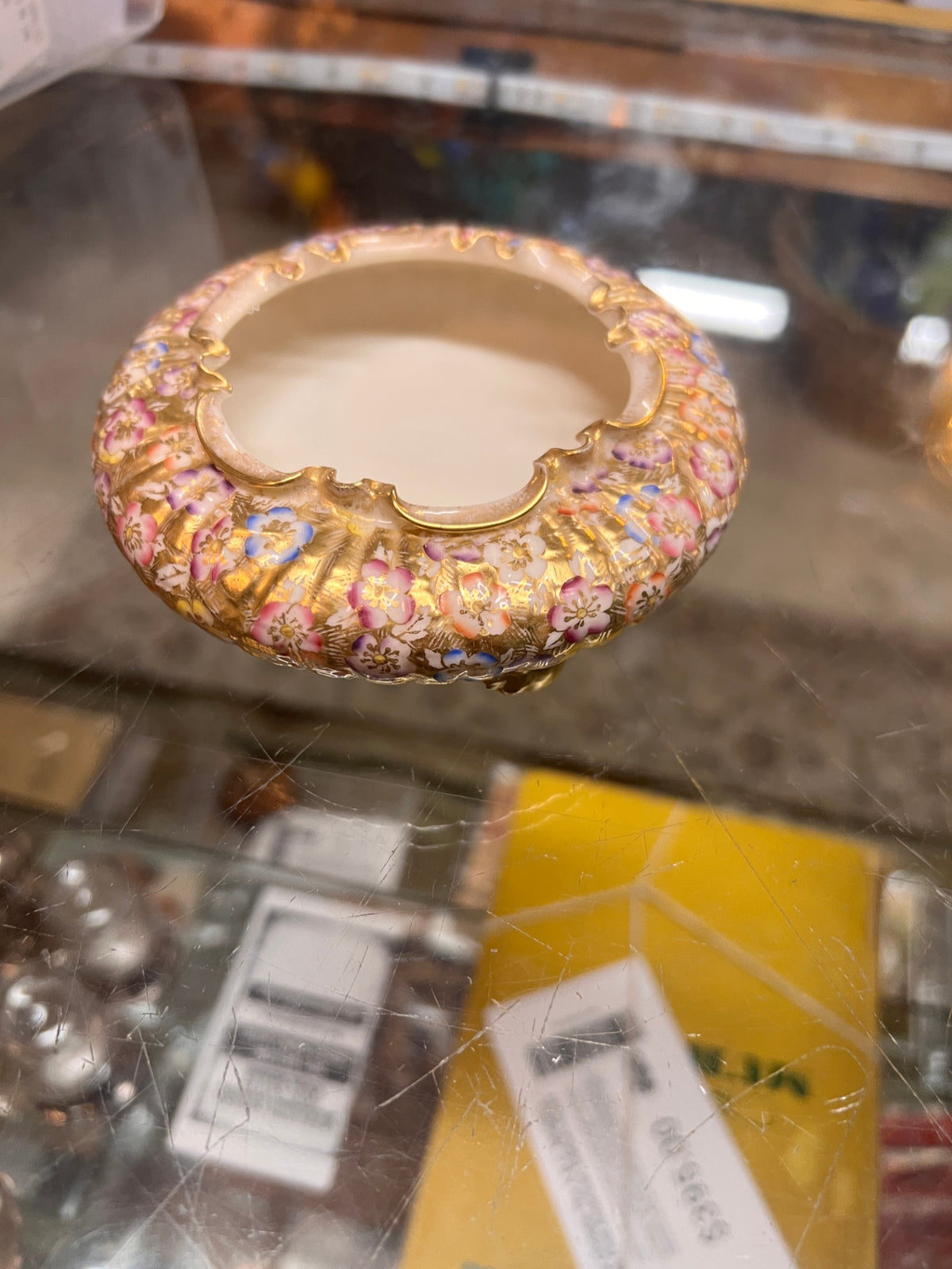 Antique Willets Belleek Hand-Painted Floral Porcelain Bowl – Heavy Gold Gilt & Pink Blue Flowers – American Belleek, Circa 1885–1909