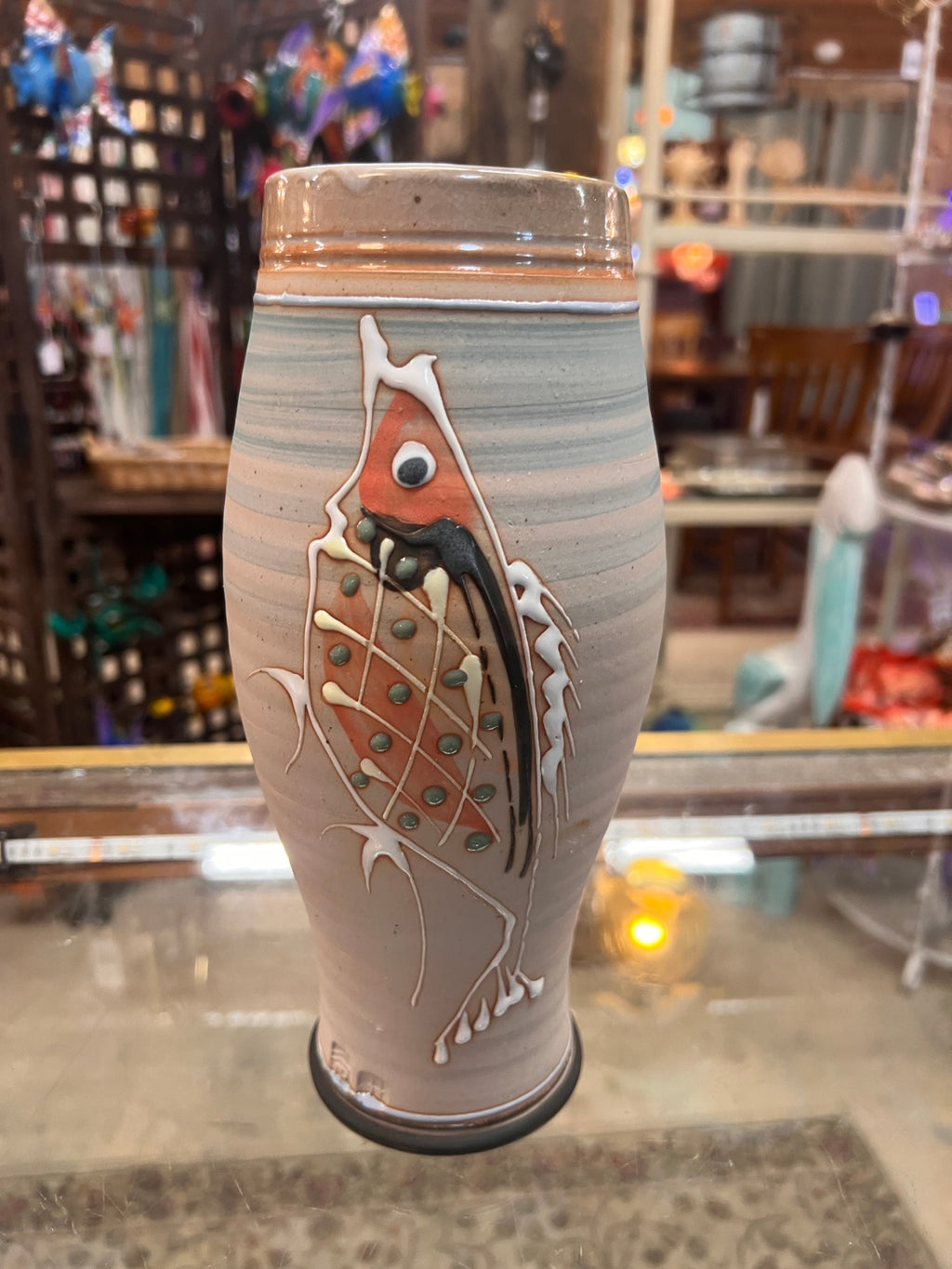 Signed Studio Art Pottery Vase with Abstract Fish Design – Raised Ceramic Slip Decoration – Earth-Tone Glaze