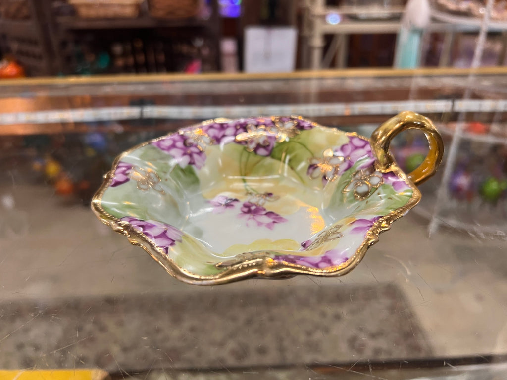Antique Hand-Painted Nippon Porcelain Bonbon Dish – Purple Floral Design, Gold Gilt & Single Handle – Early 1900s Japan