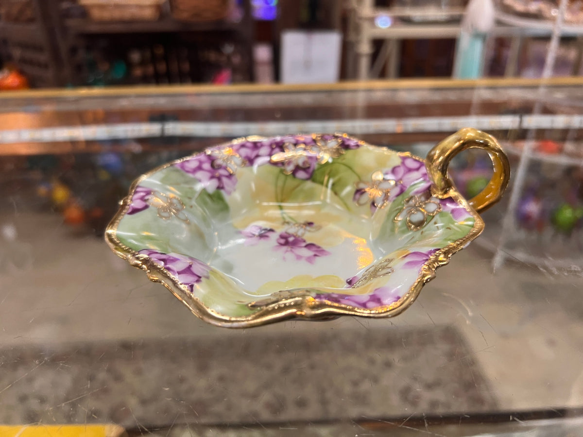 Antique Hand-Painted Nippon Porcelain Bonbon Dish – Purple Floral Design, Gold Gilt & Single Handle – Early 1900s Japan