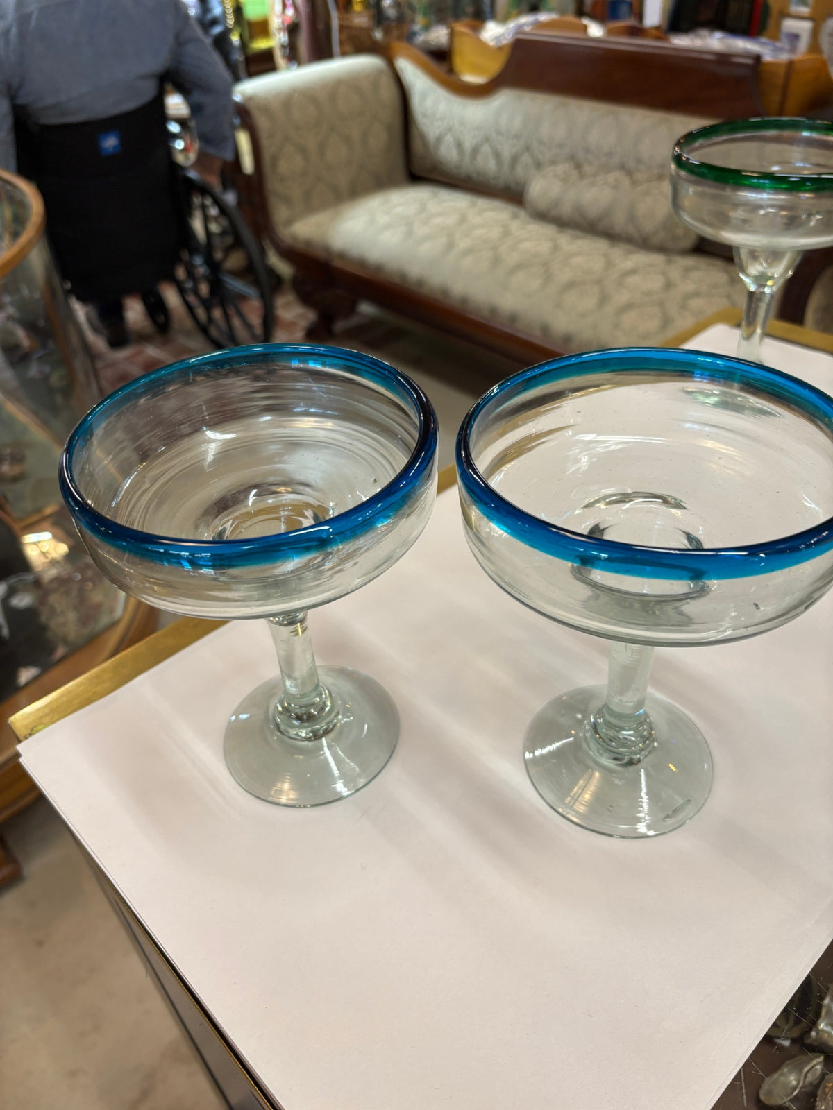 Hand Blown Margarita Glasses Set of 4 Aqua Rim Margarita Glasses 16 oz.