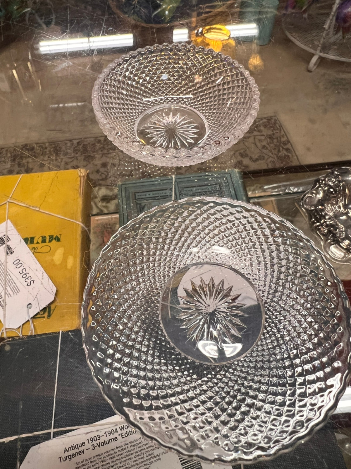 Vintage Clear Pressed Glass Diamond Point Bowl & Matching Plate – Starburst Center – 2-Piece Set